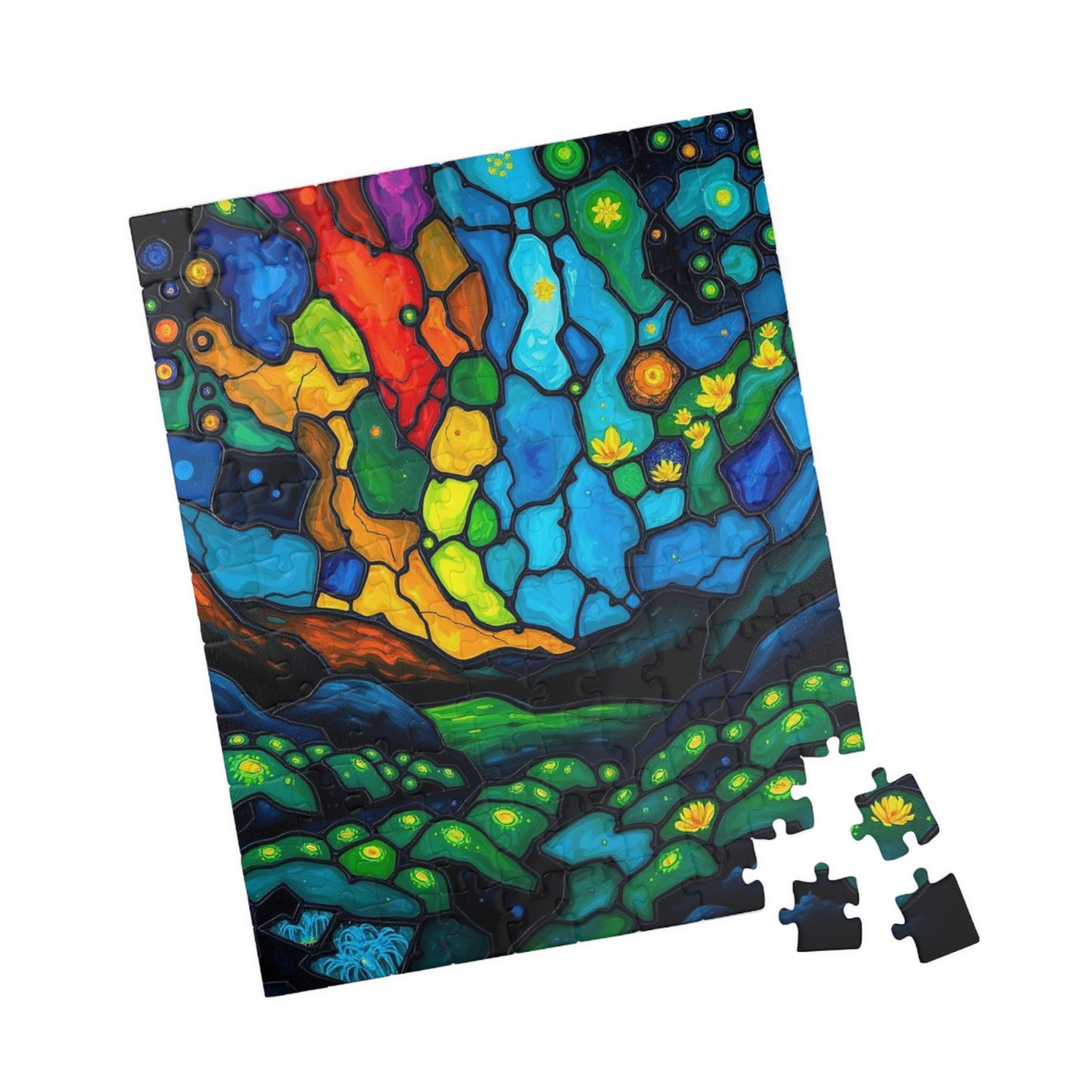 Radiant Understory Landscape Jigsaw Puzzle, Stained Glass Style Nature-Themed Abstract Puzzle for Family Fun, Gifts, Home Decor, Game Nights
