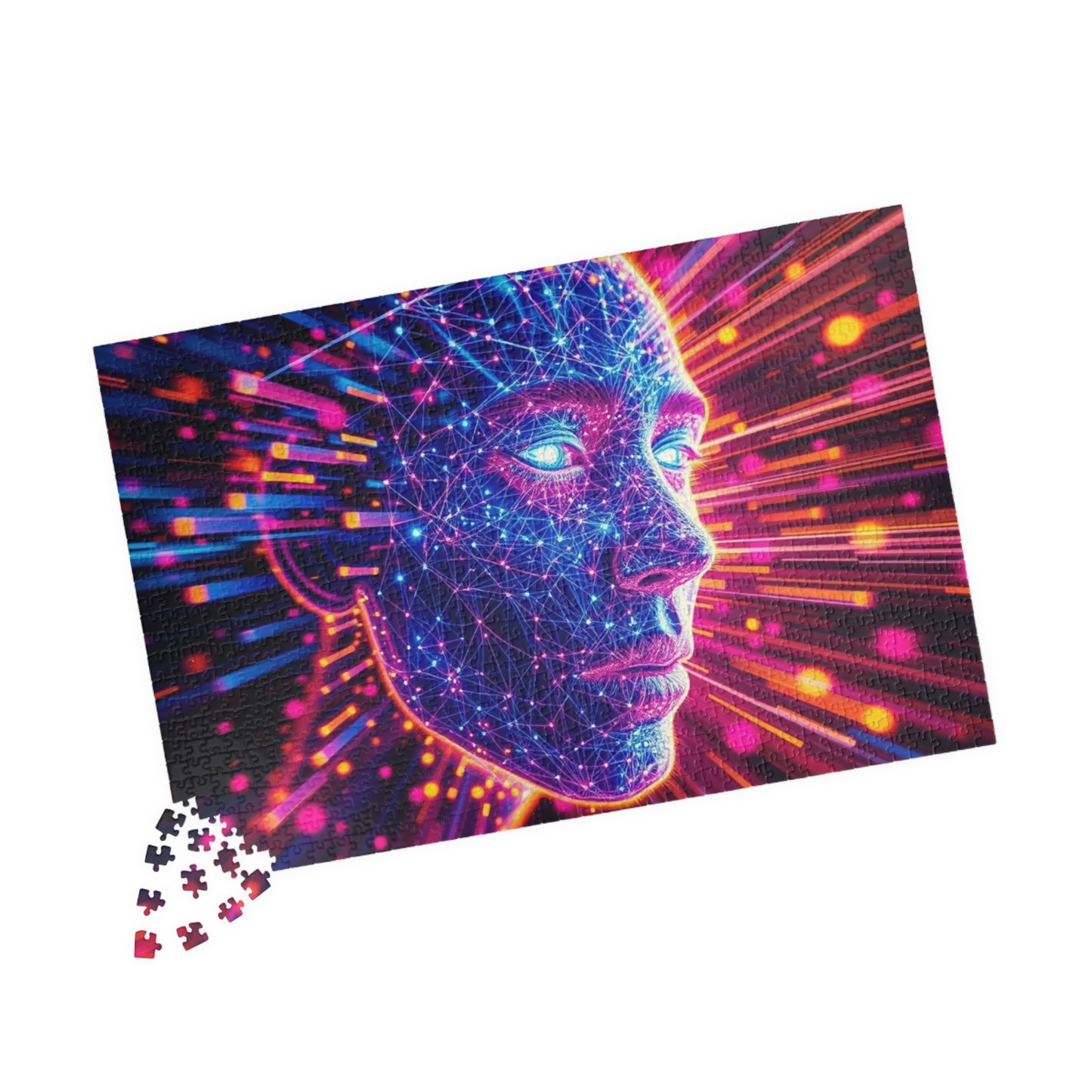 Abstract Human Face Jigsaw Puzzle, Colorful Glowing Electric Lines and Dots Design, Unique Gift for Bold Modern Art Lover Collector Hobbyist Puzzle The Puzzle Chest