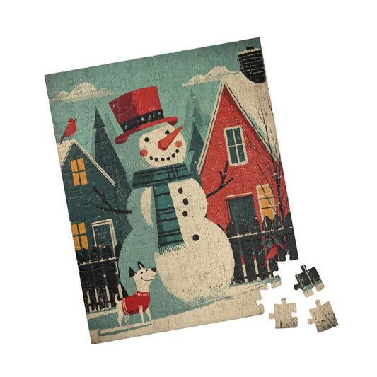 Retro Holiday Cheer Puzzle - Snowman and Dog, Winter Vintage Style Illustration, Ideal for Holiday Activity, Family Game, Festive Gifts 110 pcs (Vertical) Puzzle The Puzzle Chest