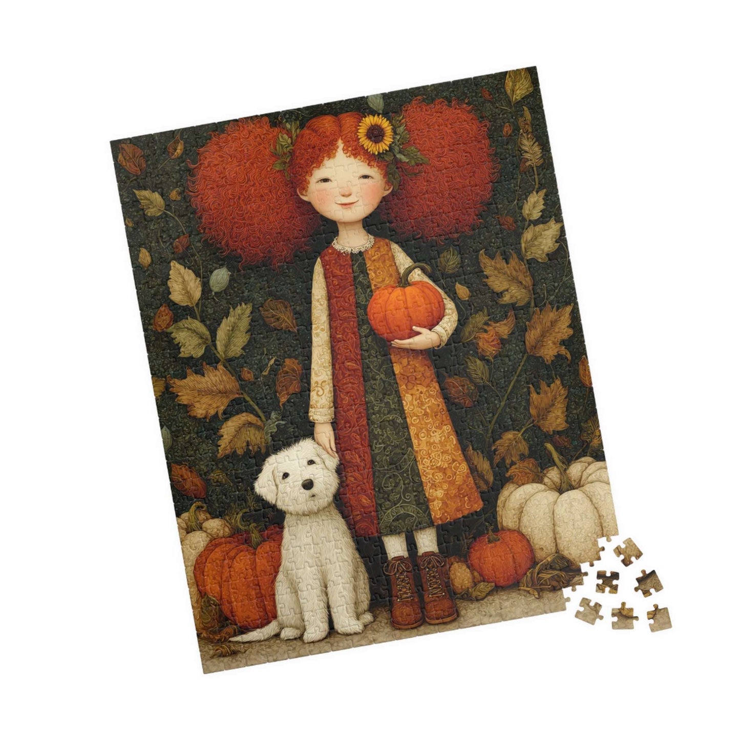 Pumpkin Patch Storybook Fairy-Tale Puzzle – Red-Haired Girl and White Terrier in a Whimsical Autumn Scene 520 pcs (Vertical) Puzzle The Puzzle Chest