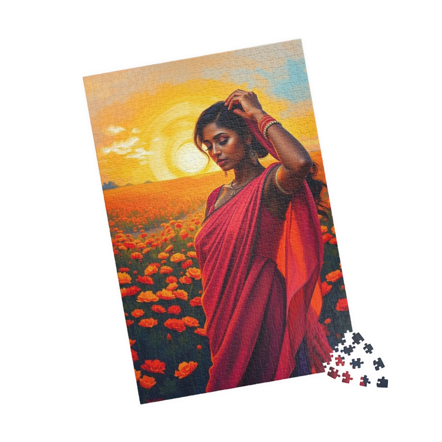 Jigsaw Puzzle, South Asian Woman in Marigold Field Sunset, 110 252 520 1014-Piece, Meditation Relaxation Activity, Mindfulness Gift, Ethnic Puzzle The Puzzle Chest