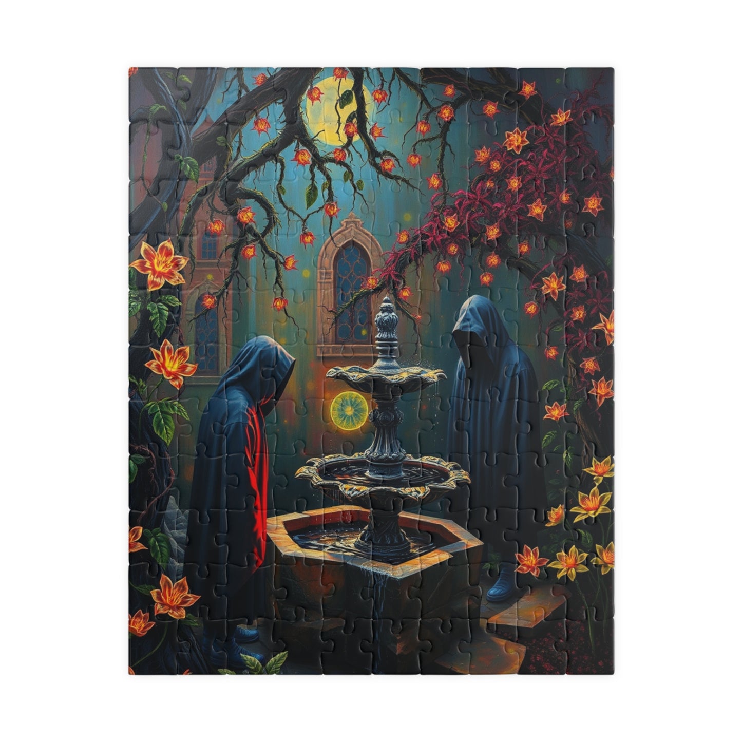 Ghostly Gothic Garden Puzzle, Dark Fantasy Scene with Glowing Flowers and Hooded Figures, Quiet Leisure Staycation Activity for Puzzle Lover 110 pcs (Vertical) Puzzle The Puzzle Chest