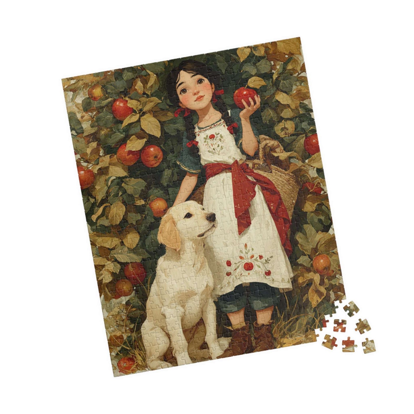 Autumn Orchard Jigsaw Puzzle - Brunette Girl and Dog, Apple Picking Game for Family Night or Solo Fun, Gift, Brain Teaser 520 pcs (Vertical) Puzzle The Puzzle Chest