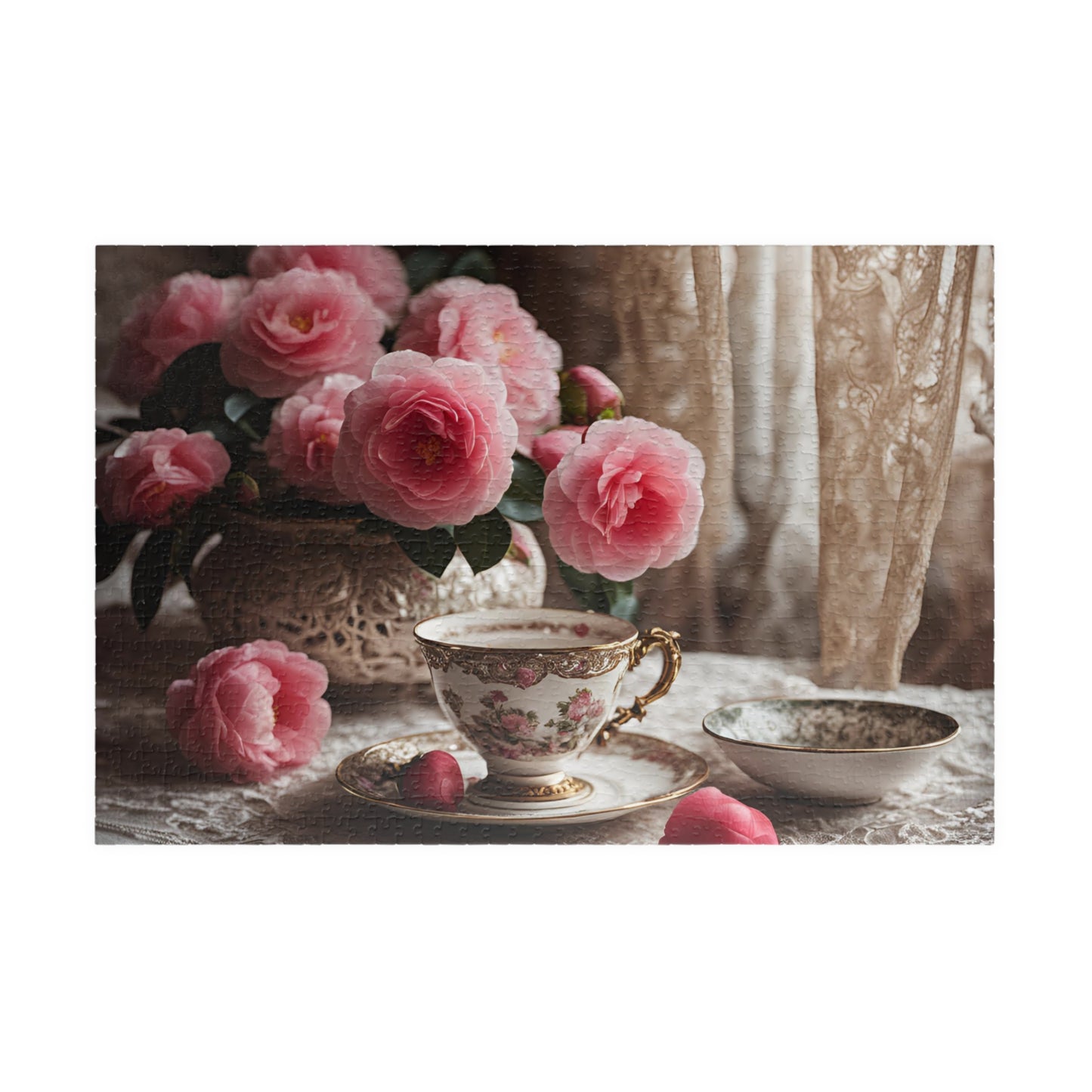 Jigsaw Puzzle, Teatime Vintage Image with Teacup and Carnations, Adult Tabletop Game, Brain Teaser, Creative Pastime, Gift for Puzzle Lover 1014 pcs (Horizontal) Puzzle The Puzzle Chest
