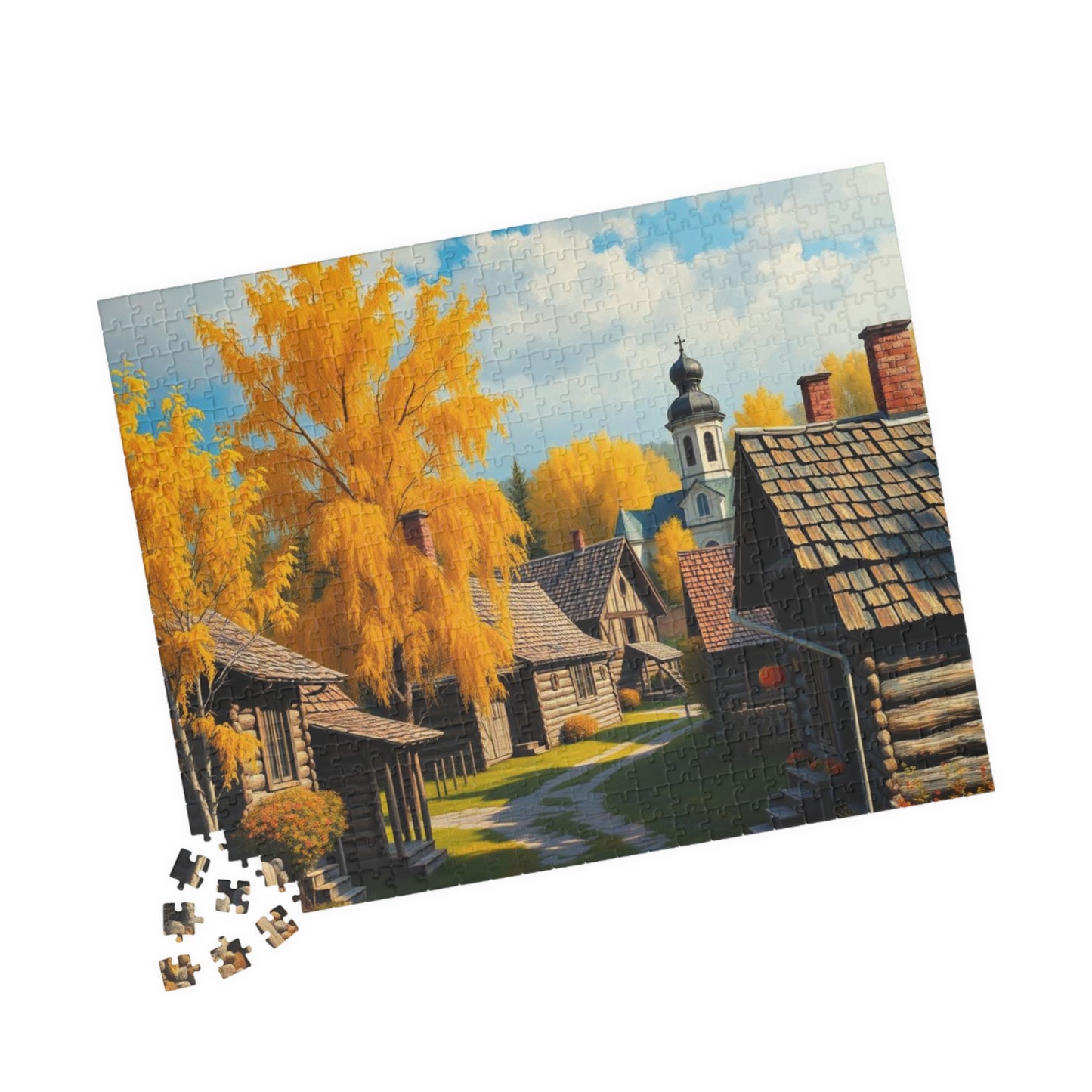 Rustic Slavic Village Jigsaw Puzzle for Adults, Autumn Wooden Cottages Golden Birch Trees, Gift for Friends, Family Activity, Creative Hobby Puzzle The Puzzle Chest
