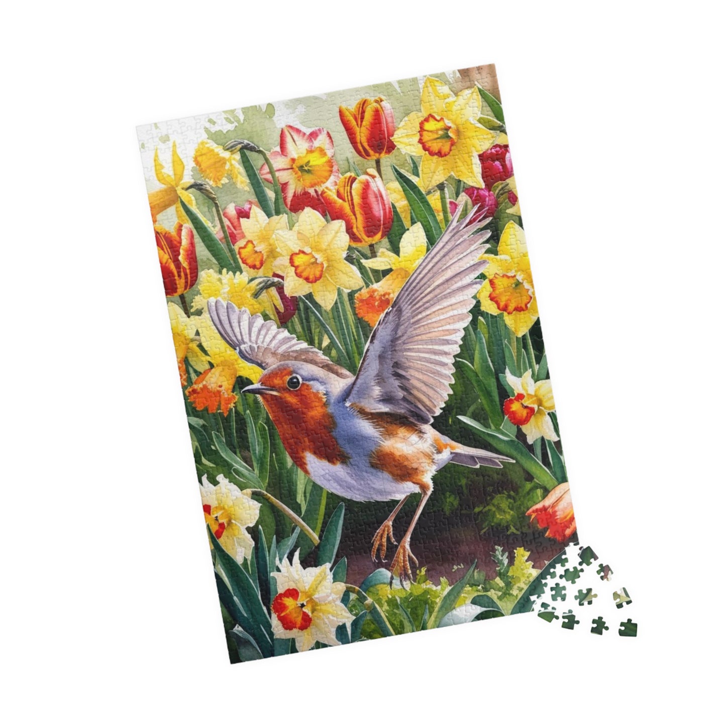 Robin Bird Flying Garden Puzzle, Tulips Daffodils Spring Landscape Jigsaw, 110 252 520 1014 Piece Game, Relaxation Hobby Gift, Nature Puzzle The Puzzle Chest