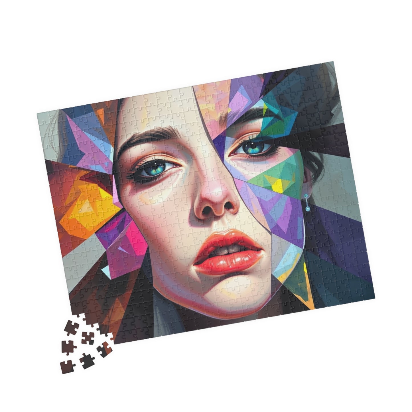 Fragmented Face Abstract Puzzle (110, 252, 520, 1014-Piece), Face Divided into Colorful Prisms, Unique Puzzle Gift for Art Lover, Collector Puzzle The Puzzle Chest