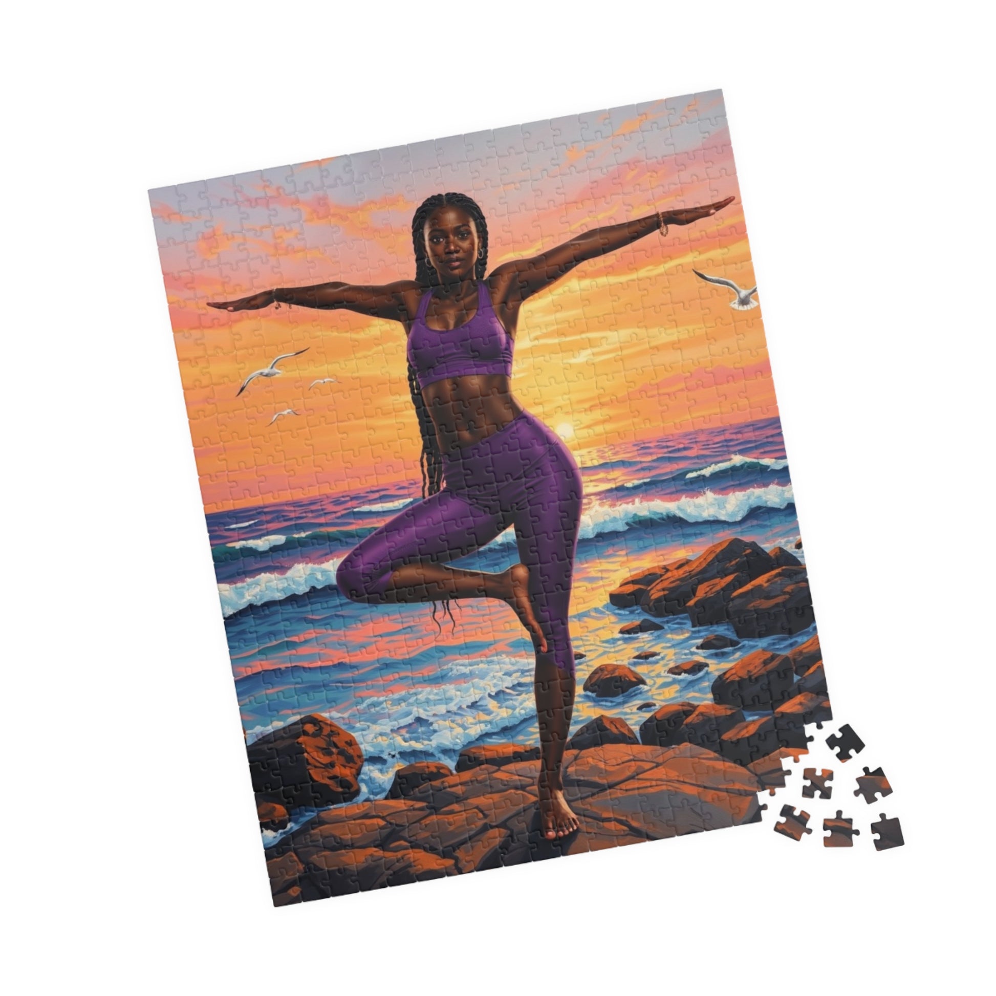 Yoga Sunset Puzzle - 110, 252, 520, 1014-piece African American Woman Beach Scene, Relaxing Gift, Mindfulness Family Activity, Fitness Lover Puzzle The Puzzle Chest