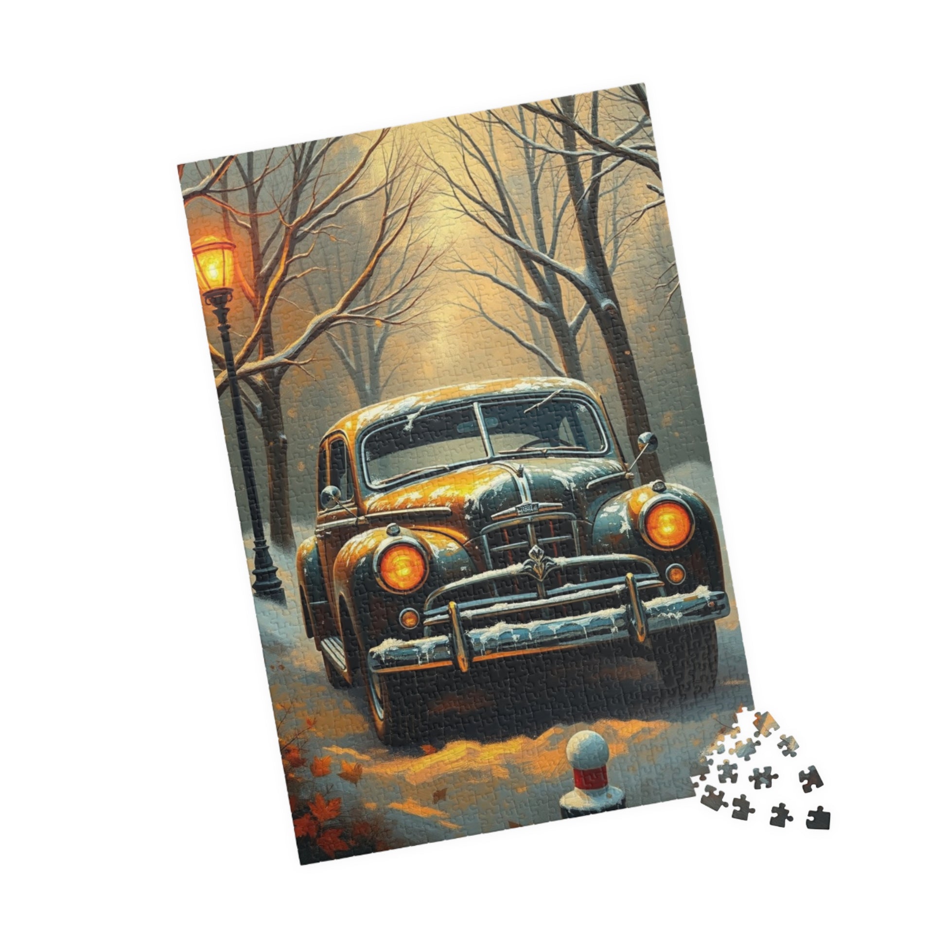 Vintage Car Jigsaw Puzzle Winter Scene, 110 252 520 1014-piece, Christmas Gift, Holiday Activity, Snowy Day Activity, Car Lover Gift, Retro Puzzle The Puzzle Chest