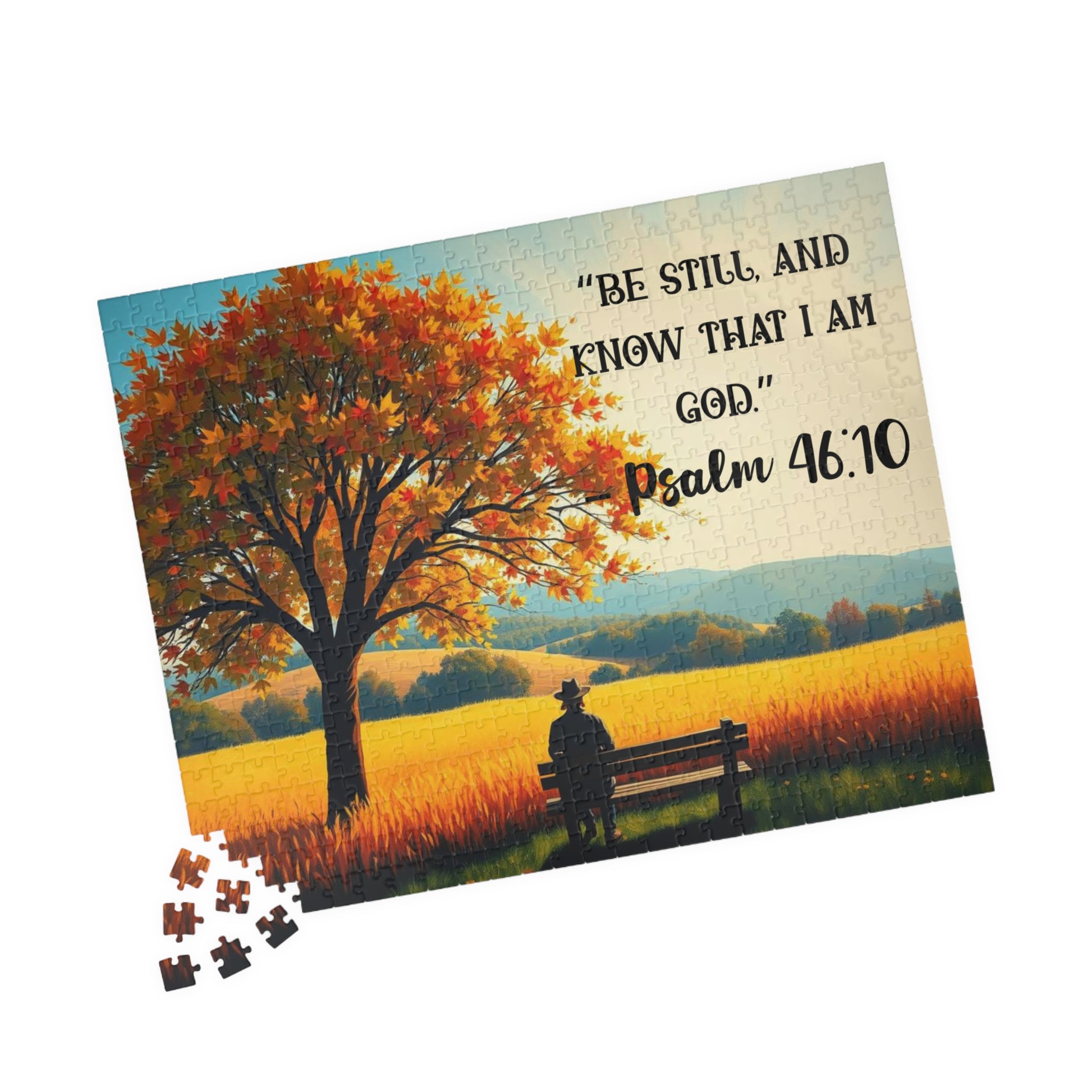 Faith and Stillness Jigsaw Puzzle – Serene Fall Landscape with Wheat Field and Bench, Bible Verse Psalm 46:10, Inspirational Gift for Friends 520 pcs (Horizontal) Puzzle The Puzzle Chest
