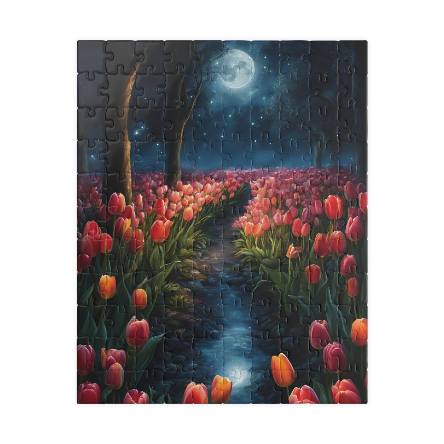 Magical Nighttime Tulip Puzzle, Peaceful Floral Scene Under the Moon, Glowing Flowers and Tranquil River Jigsaw Game, Gift for Nature Lover 110 pcs (Vertical) Puzzle The Puzzle Chest