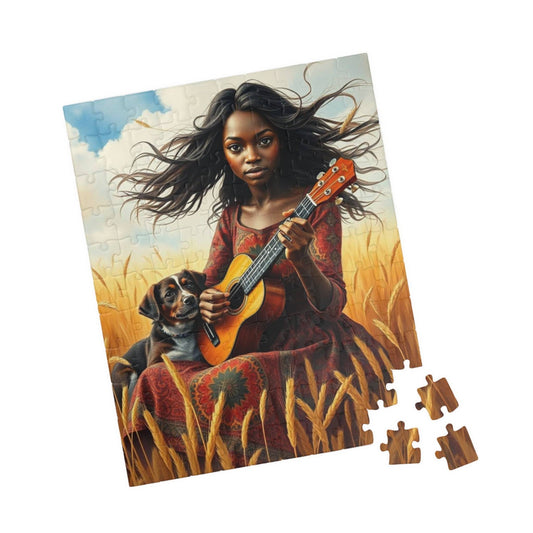 Wheat Field Ukulele Serenade Jigsaw Puzzle - Black Woman Art, Afrocentric Art, African American Musician 110 pcs (Vertical) Puzzle The Puzzle Chest