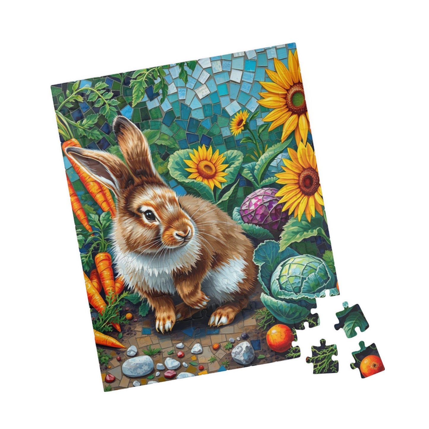 Fluffy Bunny Garden Mosaic Puzzle, Rabbit Near Carrots Cabbage and Sunflowers, Nature Animal Theme Jigsaw Game for Children and Adults, Gift Puzzle The Puzzle Chest