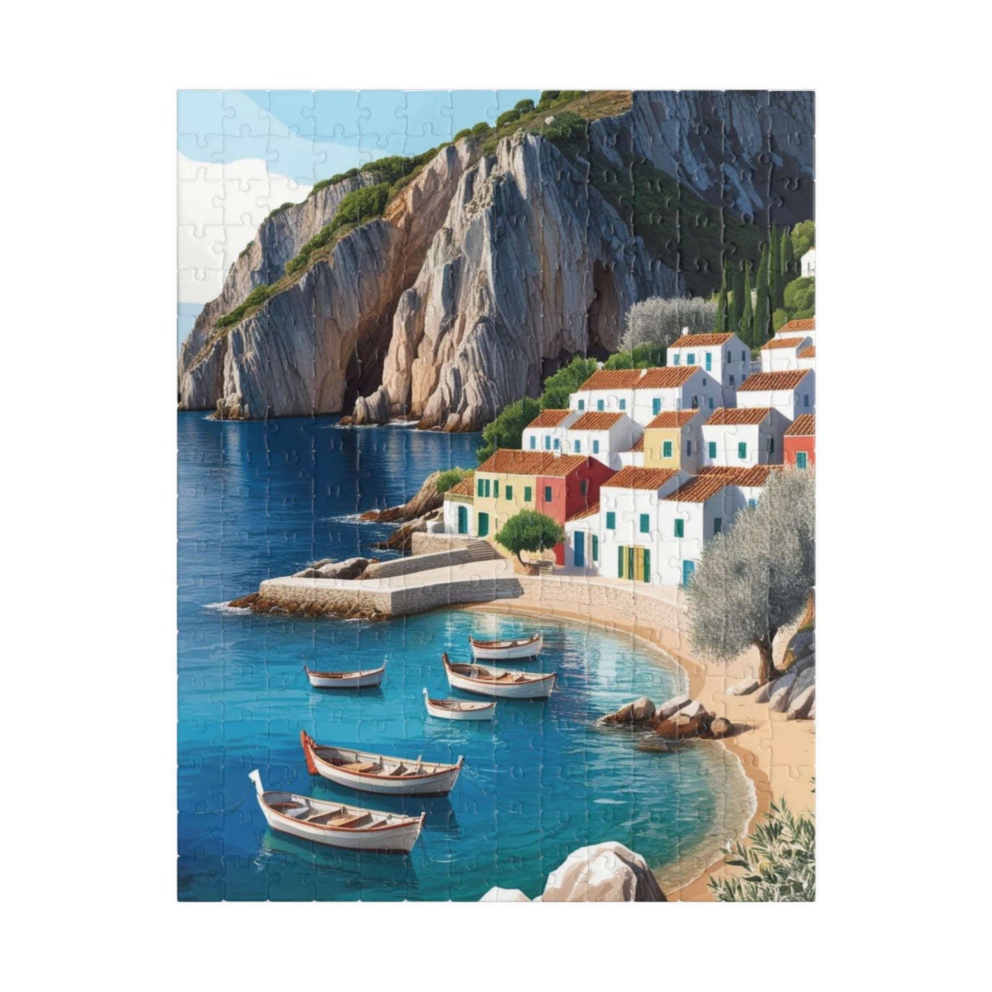Mediterranean Fishing Village Landscape Jigsaw Puzzle - Scenic Seaside Ocean View 252 pcs (Vertical) Puzzle The Puzzle Chest