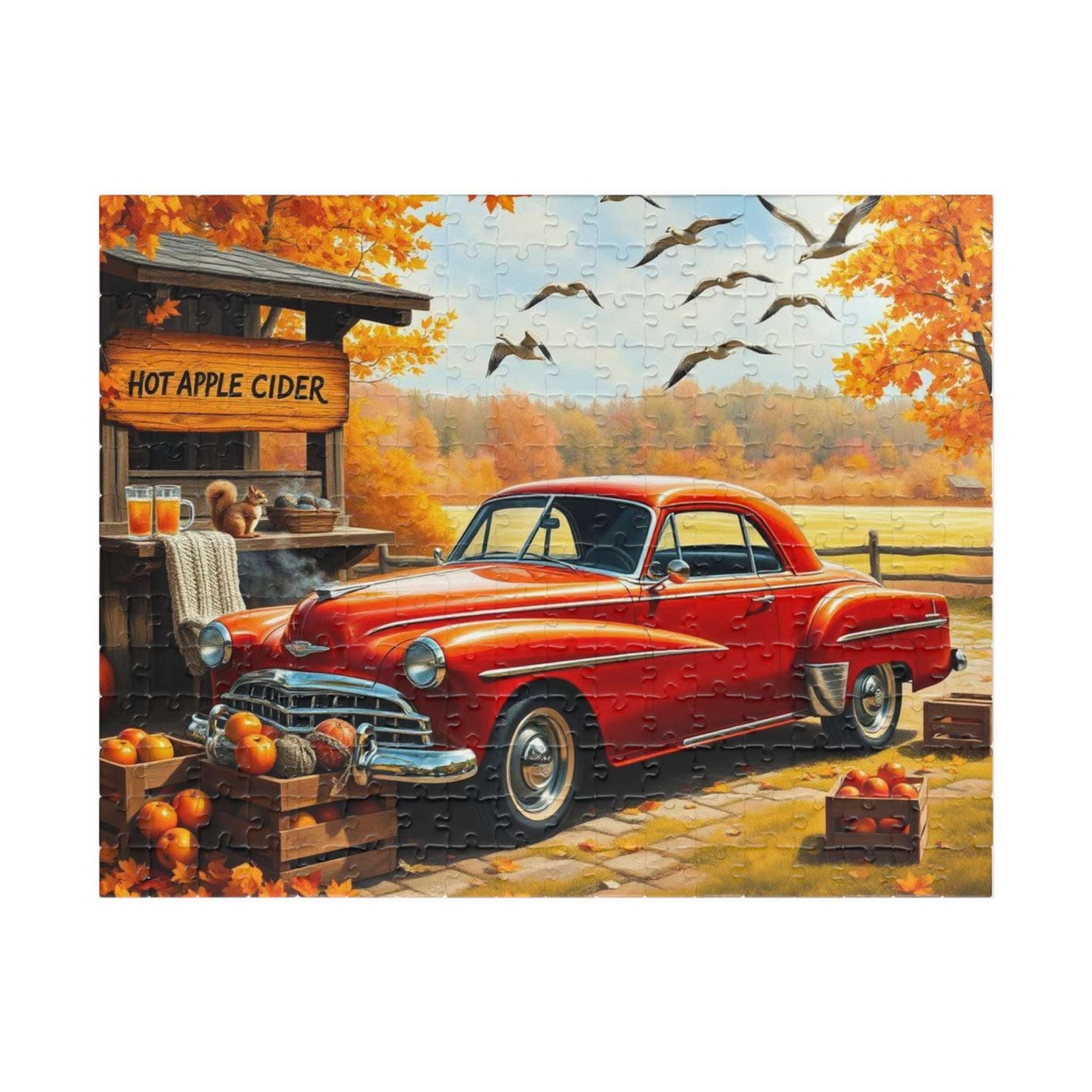 Apple Cider Stand Stop Fall Themed Jigsaw Puzzle - Retro Car Scene, Family Fun Activity, Autumn Decor Gift, Cozy Indoor Entertainment