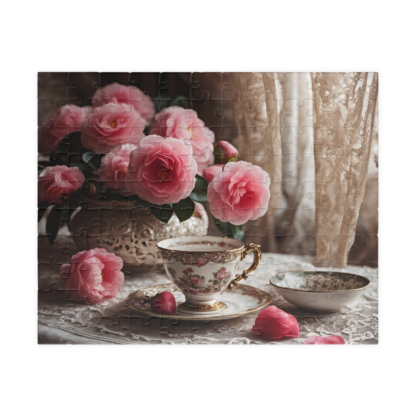 Jigsaw Puzzle, Teatime Vintage Image with Teacup and Carnations, Adult Tabletop Game, Brain Teaser, Creative Pastime, Gift for Puzzle Lover 110 pcs (Horizontal) Puzzle The Puzzle Chest