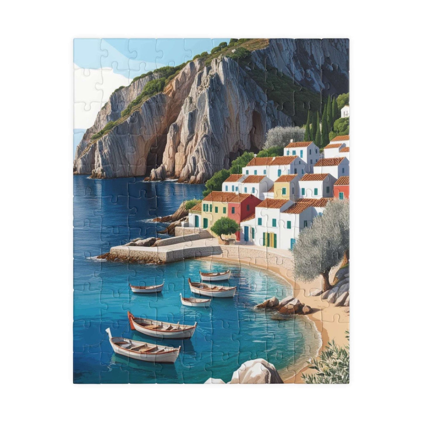 Mediterranean Fishing Village Landscape Jigsaw Puzzle - Scenic Seaside Ocean View 110 pcs (Vertical) Puzzle The Puzzle Chest