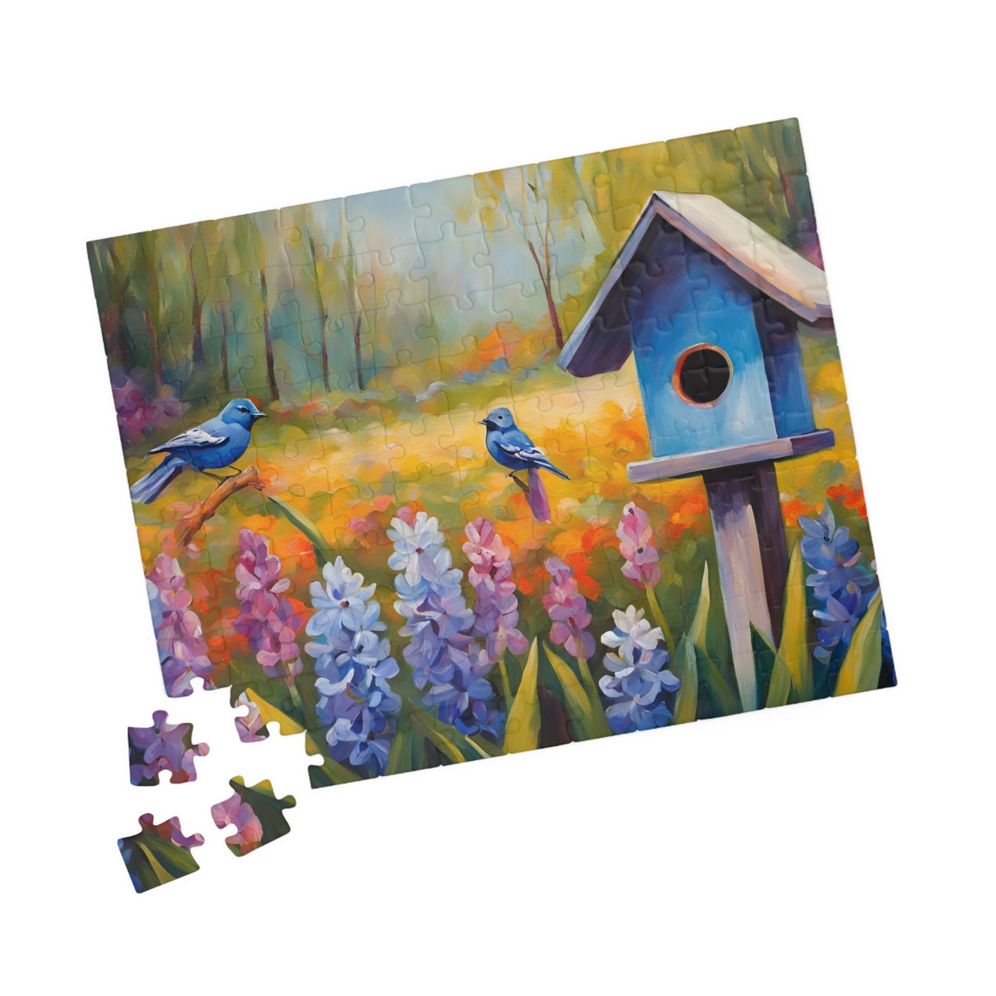 Jigsaw Puzzle, Charming Wooden Birdhouse Surrounded by Blooming Hyacinths and Birds, Mindfulness Activity, Indoor Entertainment, Family Puzzle The Puzzle Chest