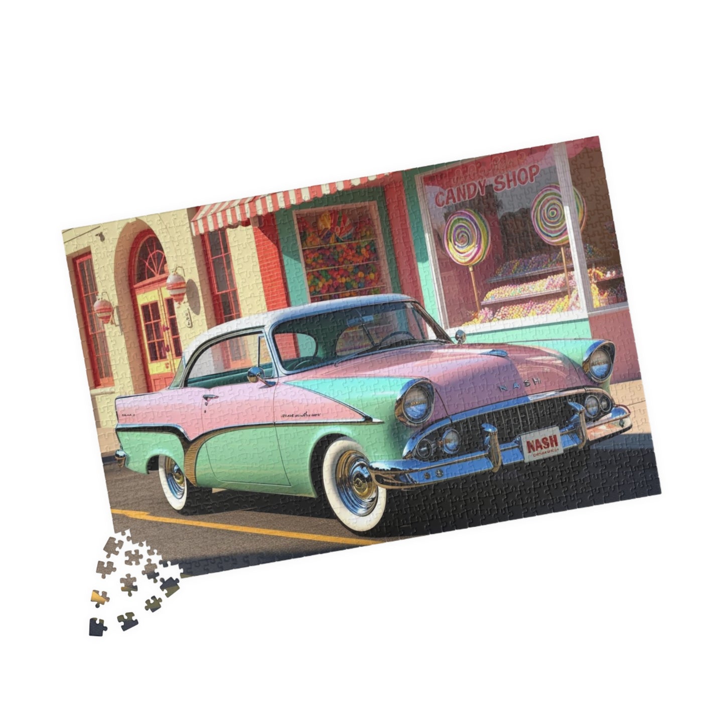 Vintage Car Puzzle - 1957 Metropolitan Classic Auto Jigsaw Game, Nostalgic Candy Shop Design Puzzle The Puzzle Chest