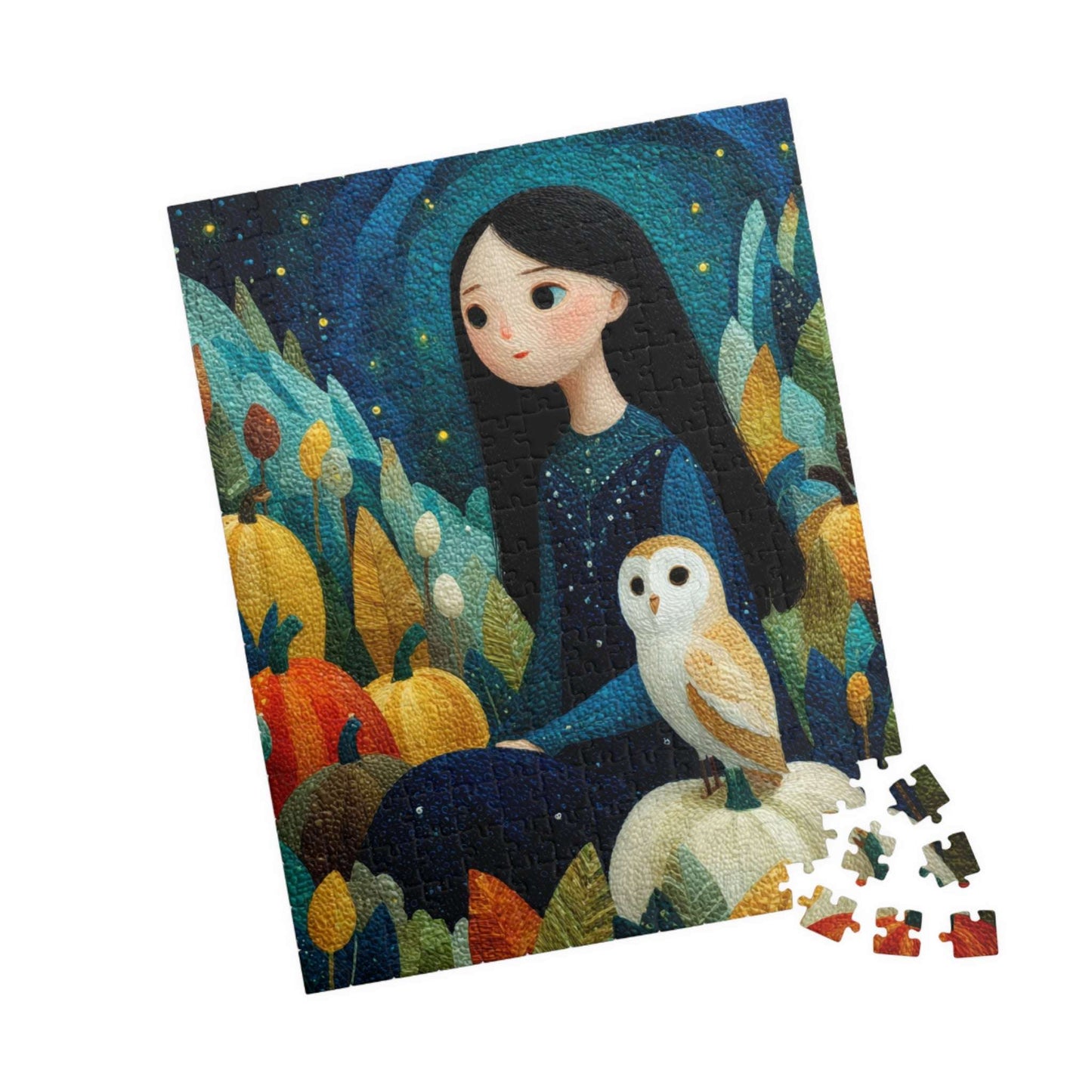 Starry Autumn Night Jigsaw Puzzle – Owl and Pumpkins Fall Puzzle for Adults, Twilight Autumn Scene 252 pcs (Vertical) Puzzle The Puzzle Chest