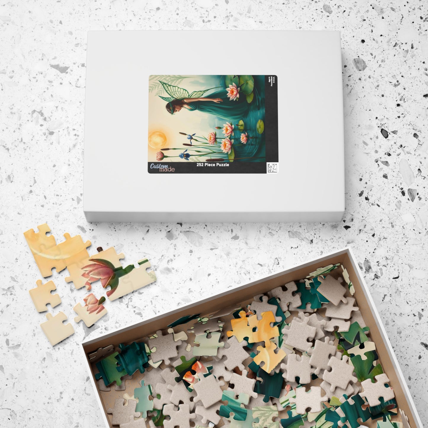Fairy at the Lily Pond Jigsaw Puzzle - Botanical Fantasy Art in Soft Sage, 110-1014 Piece Mystical Nature Lover Gift, Family Fun Activity
