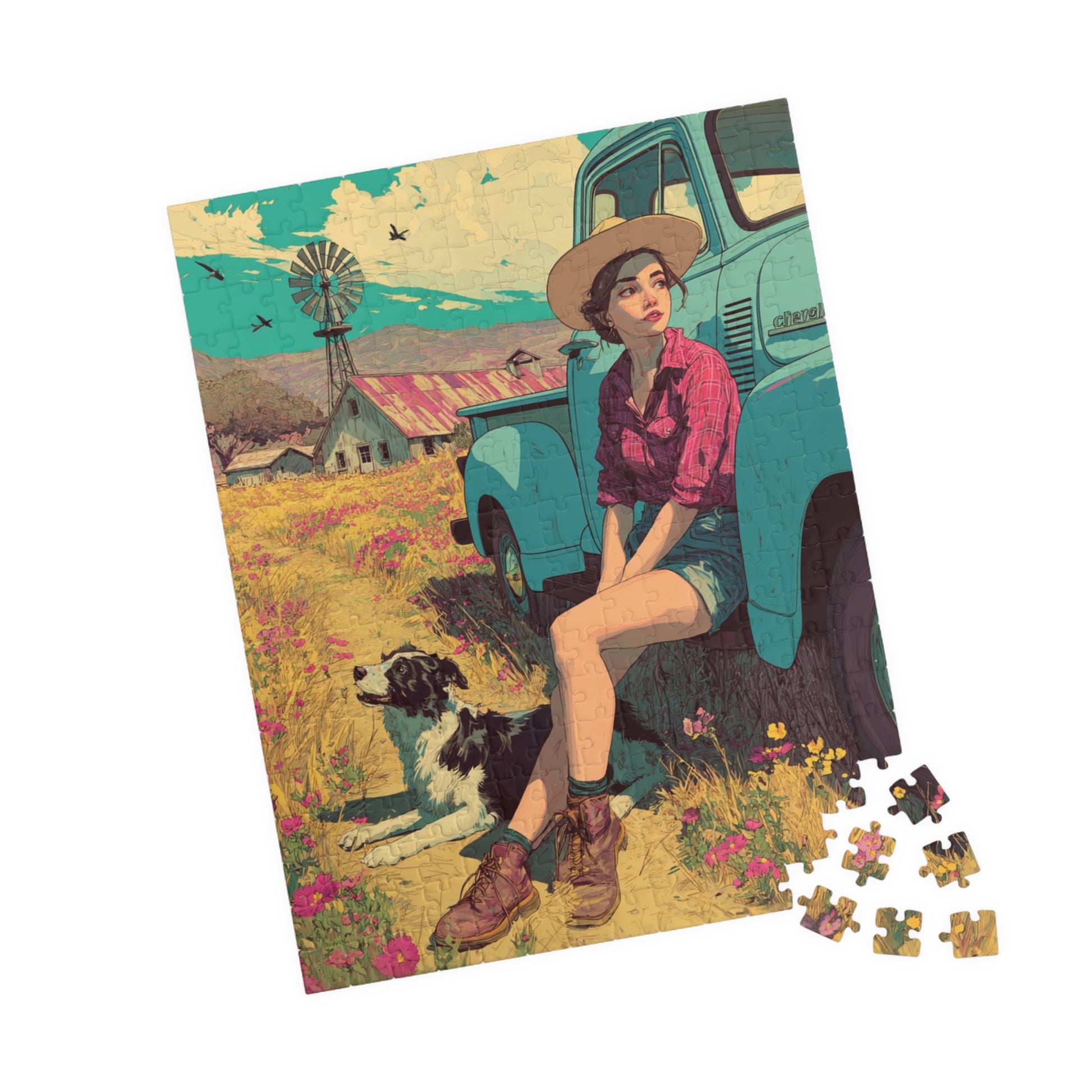 Vintage Farm Life Jigsaw Puzzle – 1950s Girl and Border Collie by Classic Truck, Retro Countryside 252 pcs (Vertical) Puzzle The Puzzle Chest