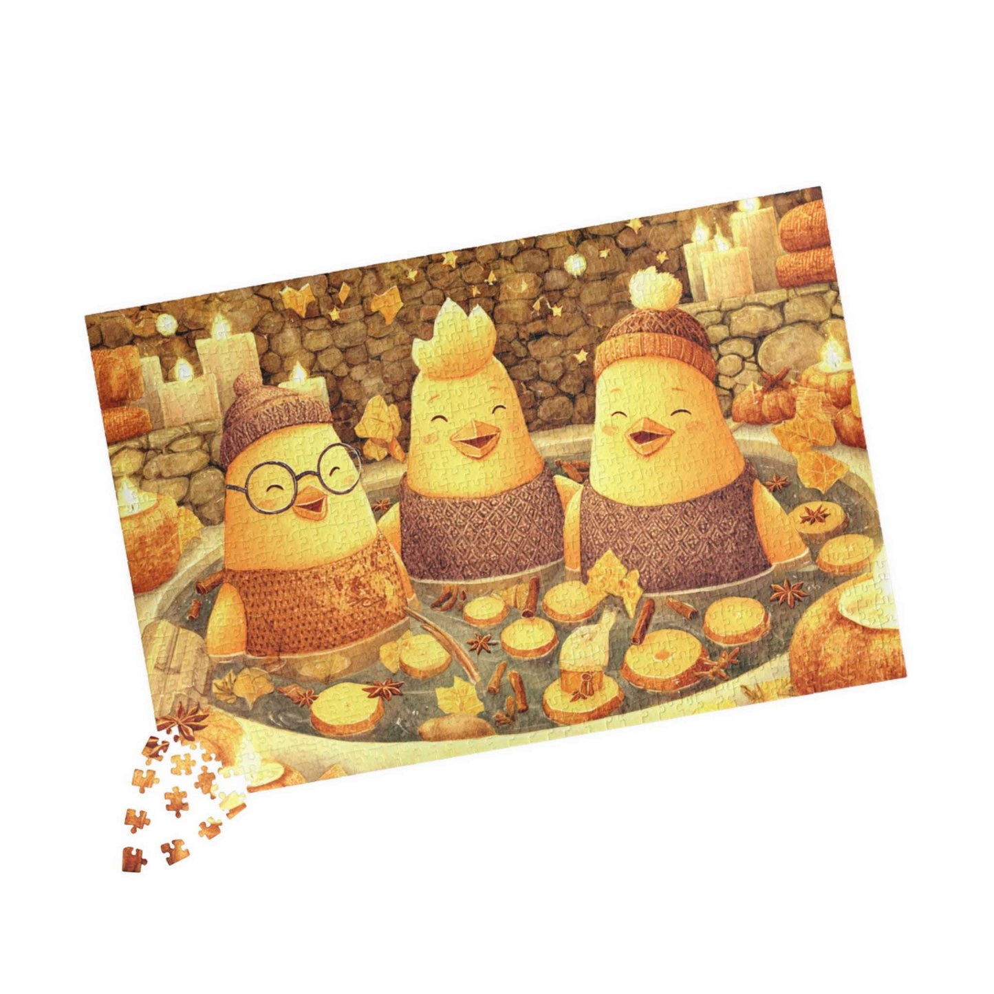Pumpkin Spice Spa Chickens Puzzle – Cozy Fall Fairy-Tale Jigsaw, Autumn Fun Family Game, Cute Chick Characters 1014 pcs (Horizontal) Puzzle The Puzzle Chest