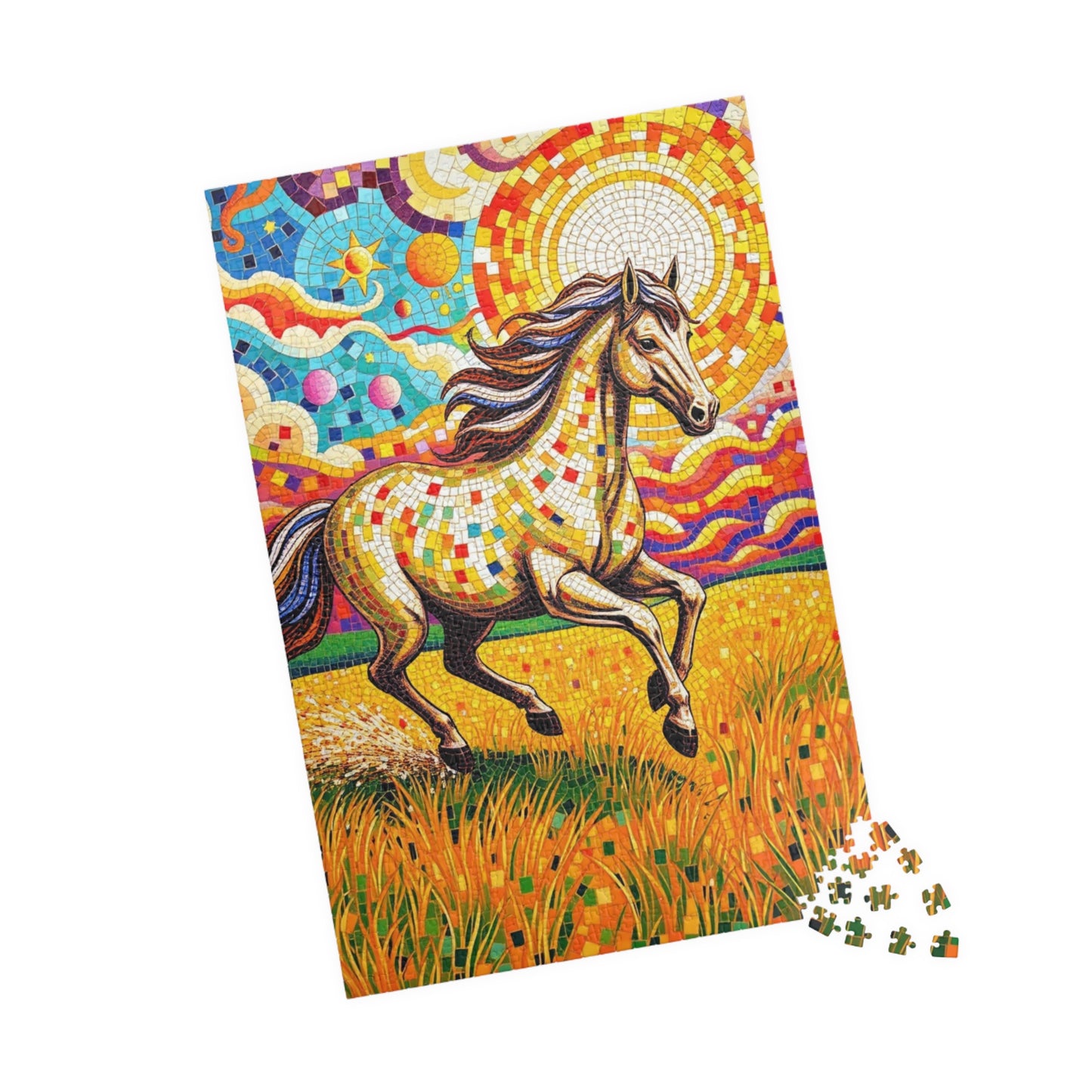 Mosaic Horse Puzzle, Mare Stallion Galloping in Golden Field Jigsaw Game, Relaxation Activity, Entertaining Pastime, Puzzle Fan Hobby Gift Puzzle The Puzzle Chest