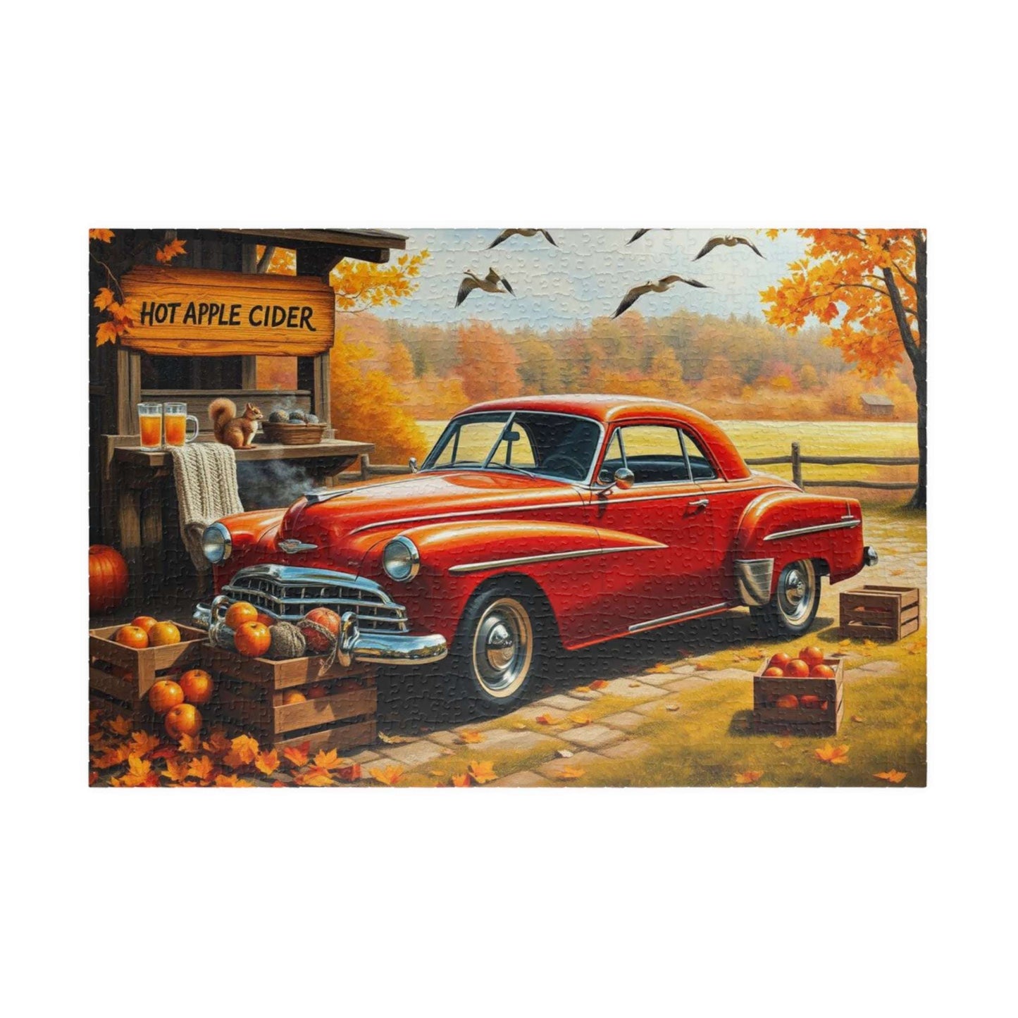 Apple Cider Stand Stop Fall Themed Jigsaw Puzzle - Retro Car Scene, Family Fun Activity, Autumn Decor Gift, Cozy Indoor Entertainment