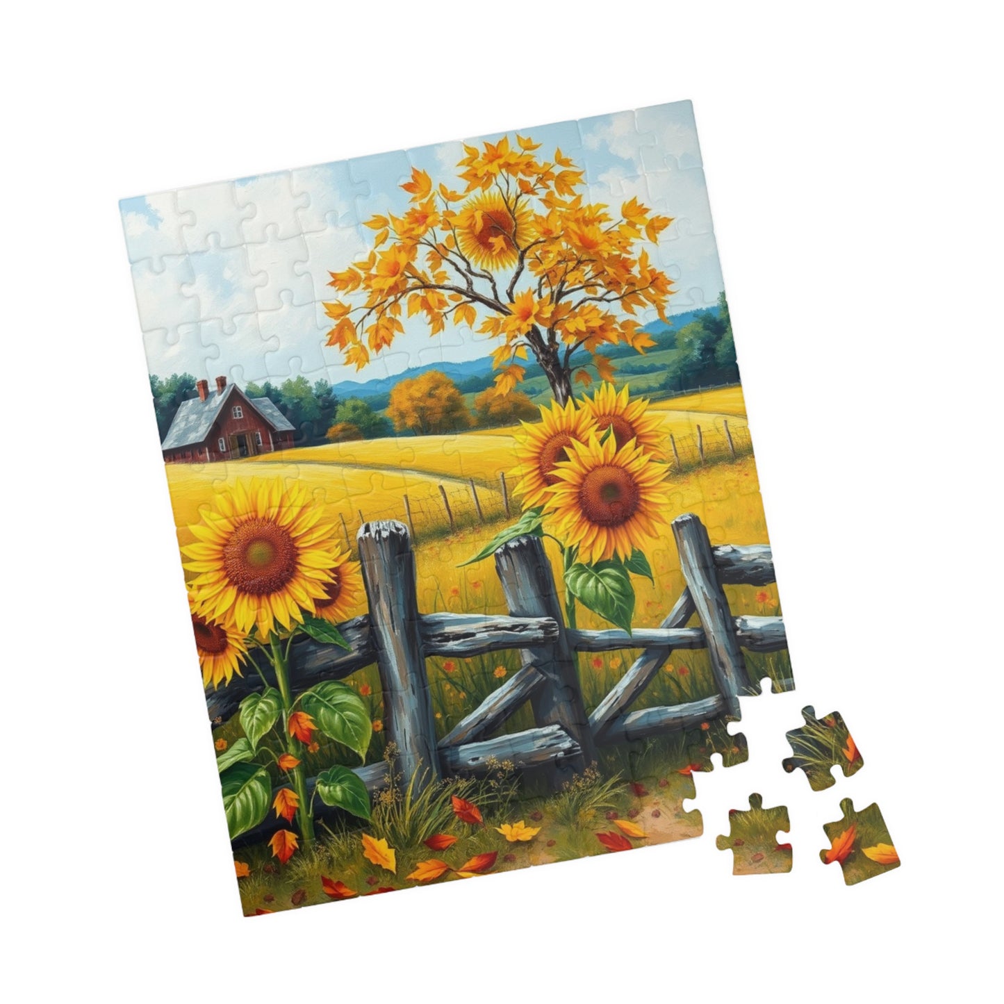 Jigsaw Puzzle, Sunflower Field Landscape Puzzle, Autumn Leaves, Wooden Fence, 110-1014 Pieces, Relaxing Activity, Home Decor, Gift for Puzzle The Puzzle Chest