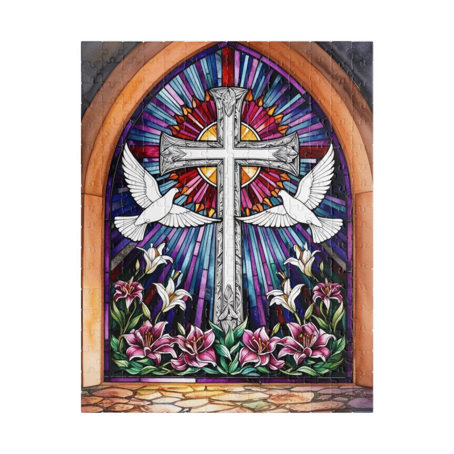Stained Glass Cross Puzzle, Dove and Lily Flower Design, Faith-Based Christian Jigsaw Game for Adults, Mindful Hobby Gift for Puzzle Lover 252 pcs (Vertical) Puzzle The Puzzle Chest