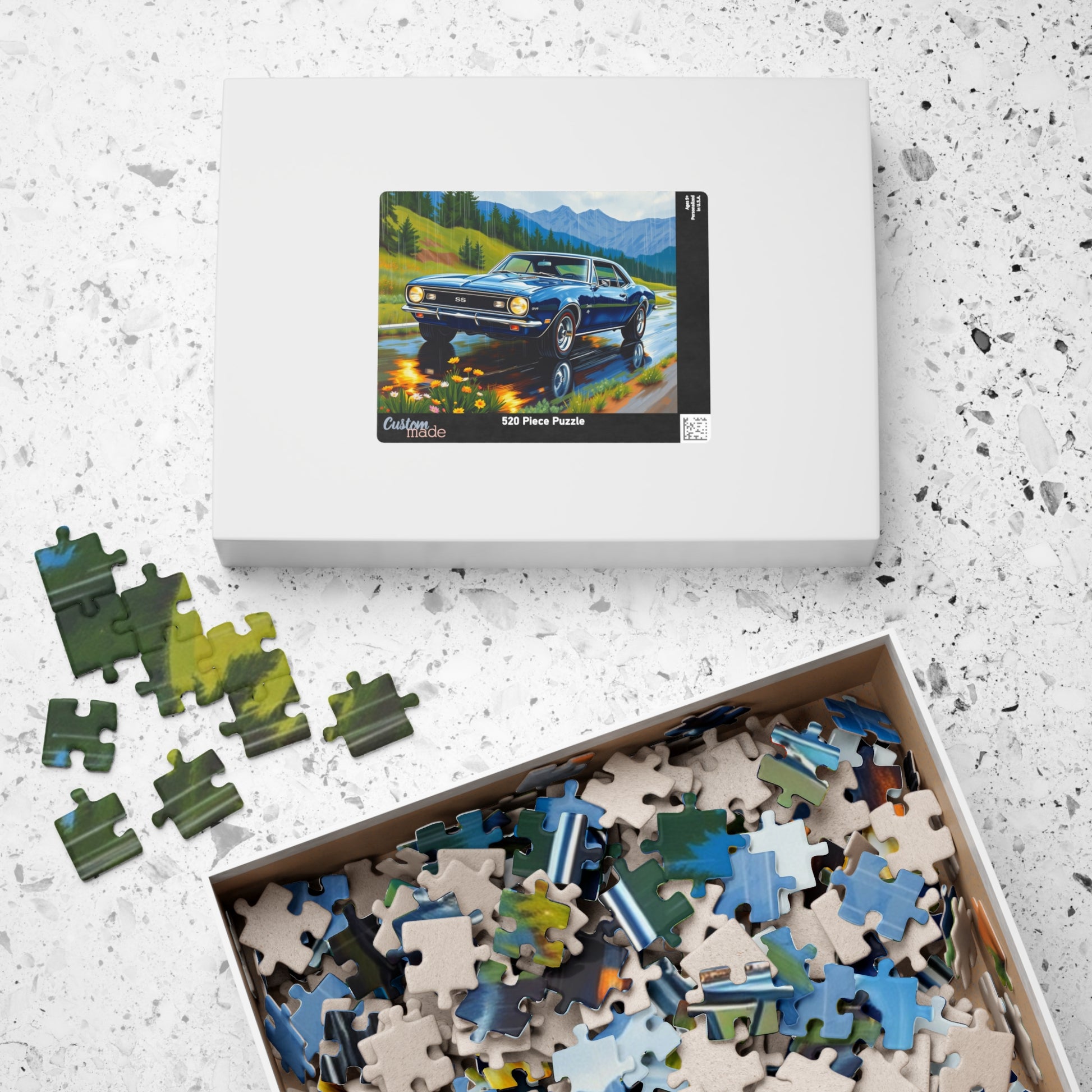 Vintage Muscle Car Jigsaw Puzzle, 1967 Camaro Classic Vehicle on Rainy Road Trip Scenic Art Puzzle The Puzzle Chest