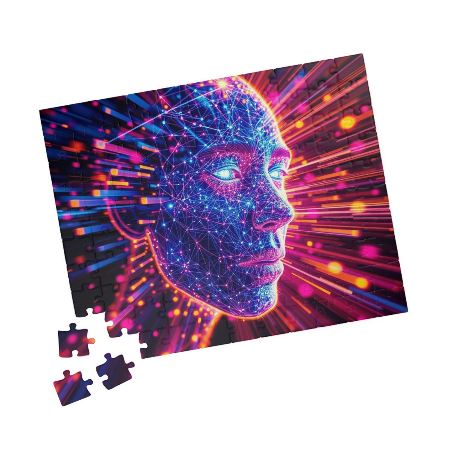 Abstract Human Face Jigsaw Puzzle, Colorful Glowing Electric Lines and Dots Design, Unique Gift for Bold Modern Art Lover Collector Hobbyist Puzzle The Puzzle Chest