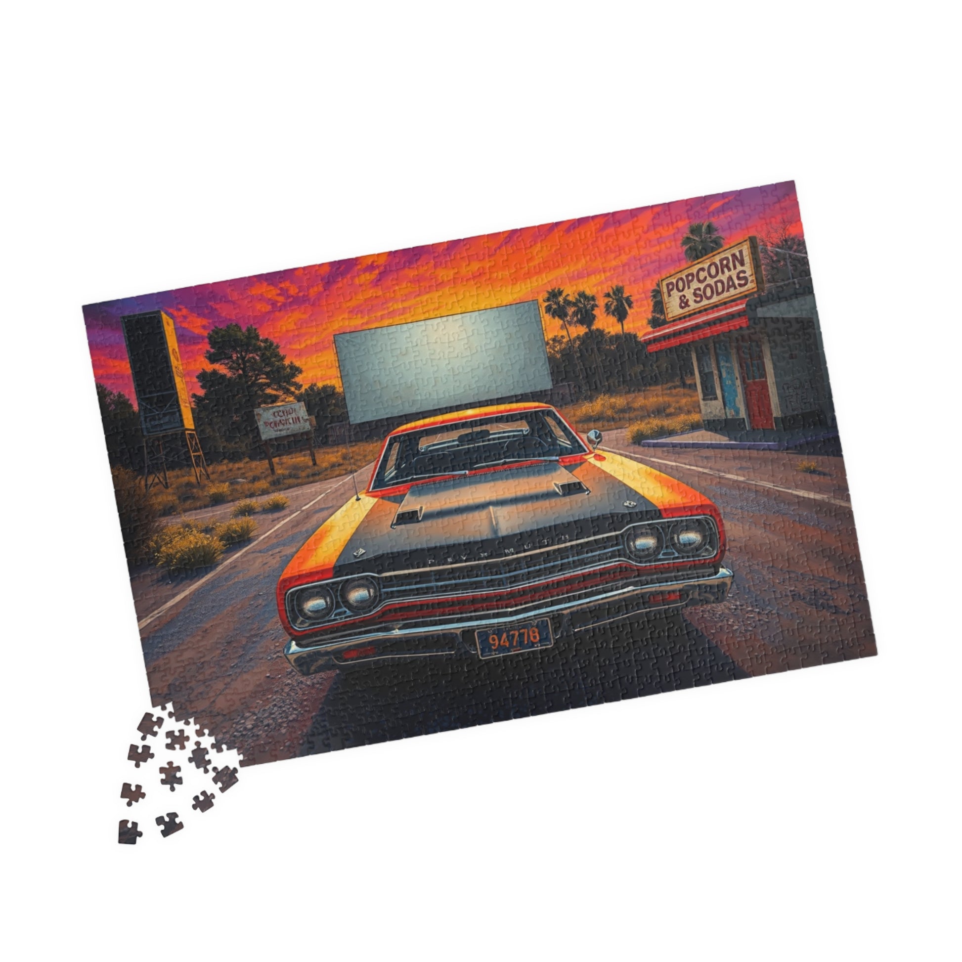 Vintage Car Puzzle, Orange 1969 Road Runner, Sunset Classic Vehicle Scene Nostalgic Drive-In Background Puzzle The Puzzle Chest