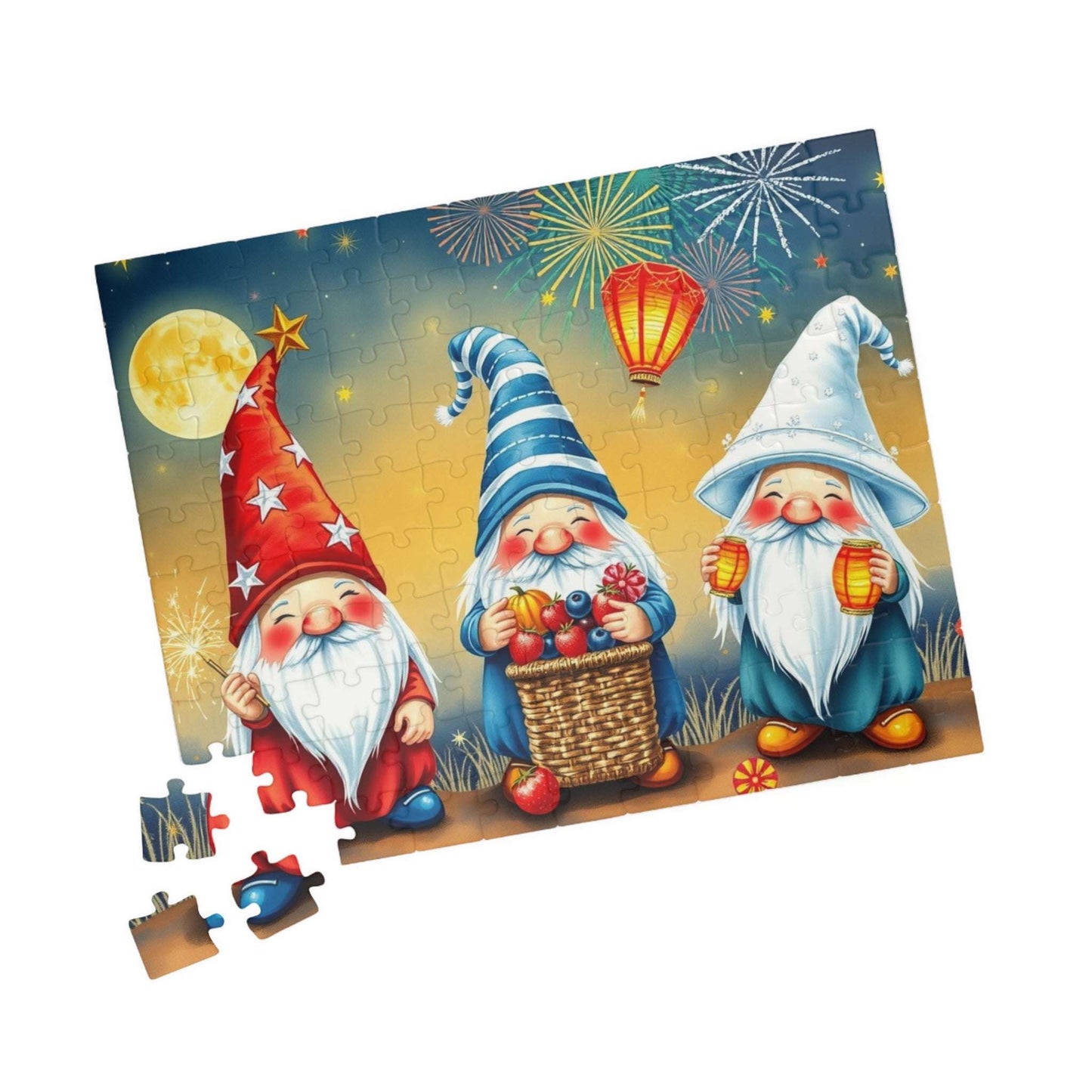 Fireworks Celebration Gnome Puzzle - 4th of July Themed Summer Jigsaw Game 110 pcs (Horizontal) Puzzle The Puzzle Chest