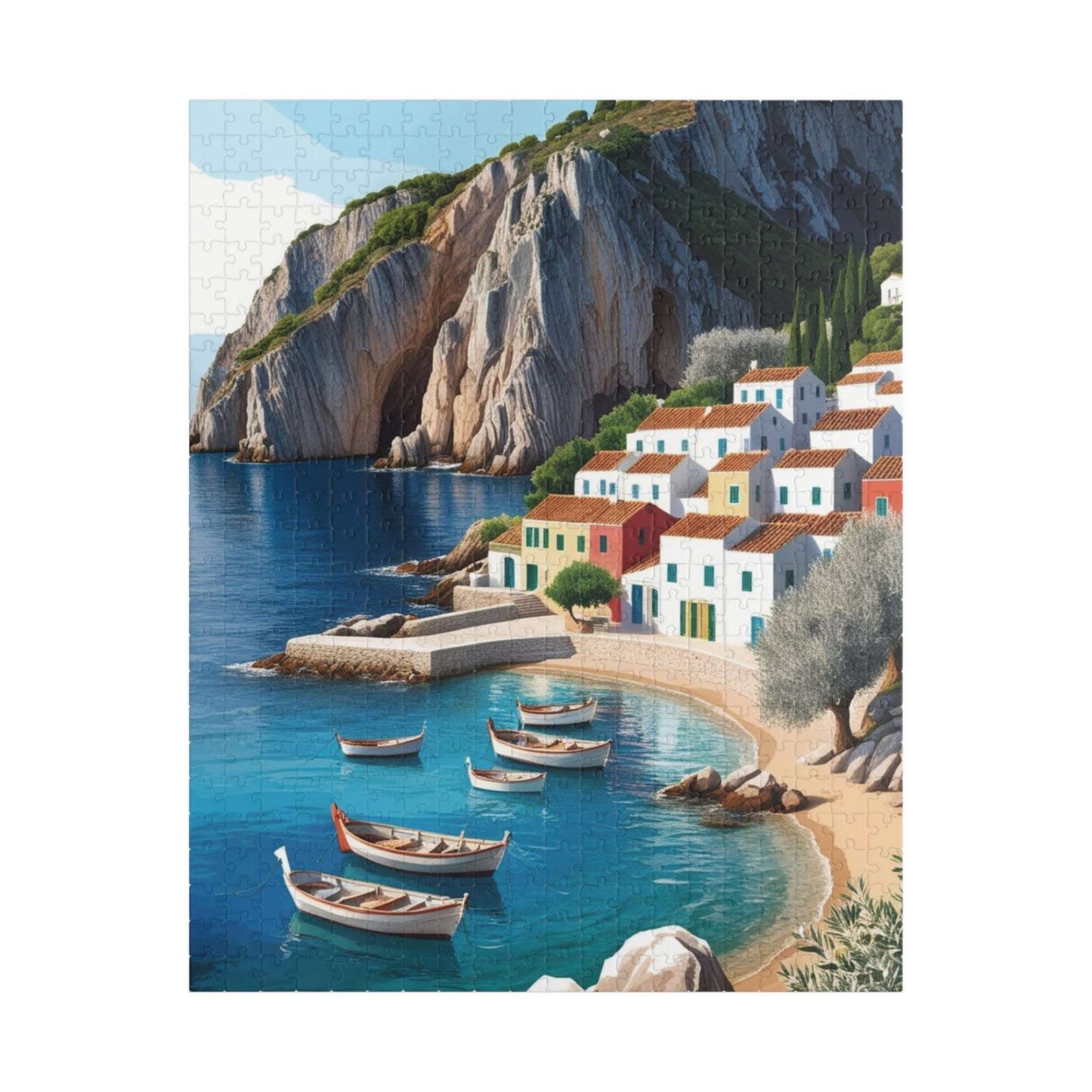 Mediterranean Fishing Village Landscape Jigsaw Puzzle - Scenic Seaside Ocean View 520 pcs (Vertical) Puzzle The Puzzle Chest