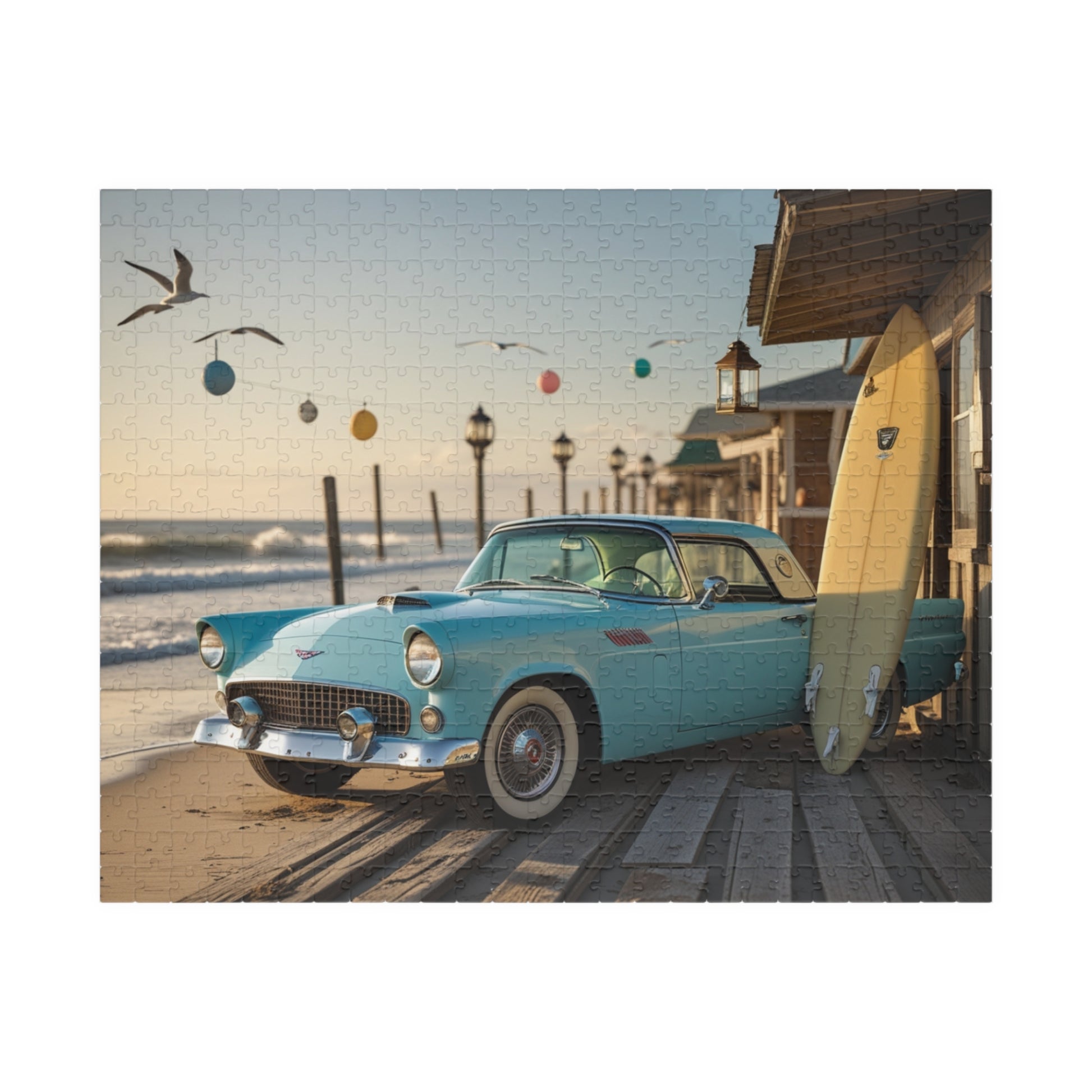 Vintage Car Jigsaw Puzzle - Classic 1955 Thunderbird | Retro Auto Beach Scene 520 pcs (Horizontal) Puzzle The Puzzle Chest