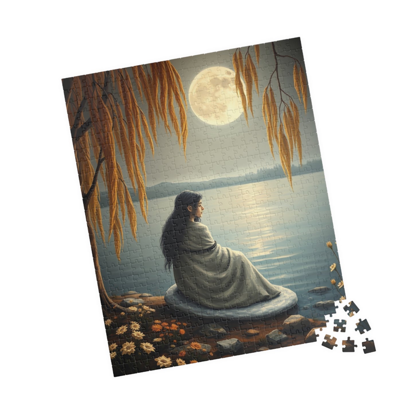 Mythical Jigsaw Puzzle, Moonlit Lake with Selkie, 110/252/520/1014-piece, Willow Trees, Flowers, Sealskin Cloak, Gift for Fantasy Lover Puzzle The Puzzle Chest