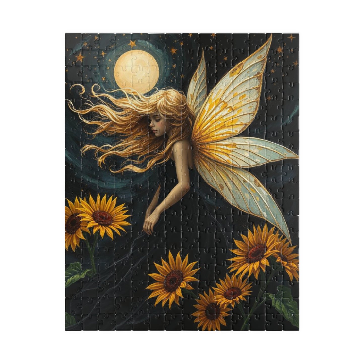 Moonlit Fairy in Sunflower Sky - Ethereal Fantasy Art Jigsaw Puzzle for Solo Fun, Unique Puzzle Lover Gift, Home Decor, Family Activity
