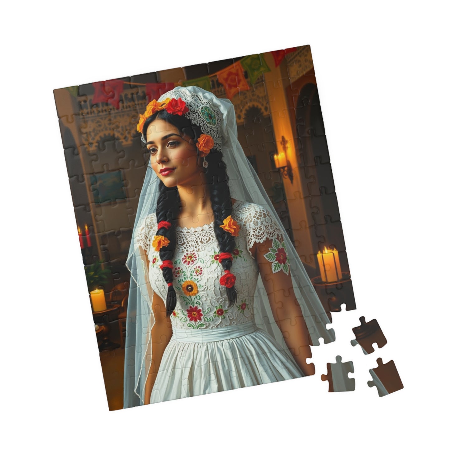 Elegant Mexican Bride Puzzle with Papel Picado Background, Hacienda Courtyard Wedding Jigsaw, Unique Gift for Puzzle Enthusiast Hobbyist Puzzle The Puzzle Chest