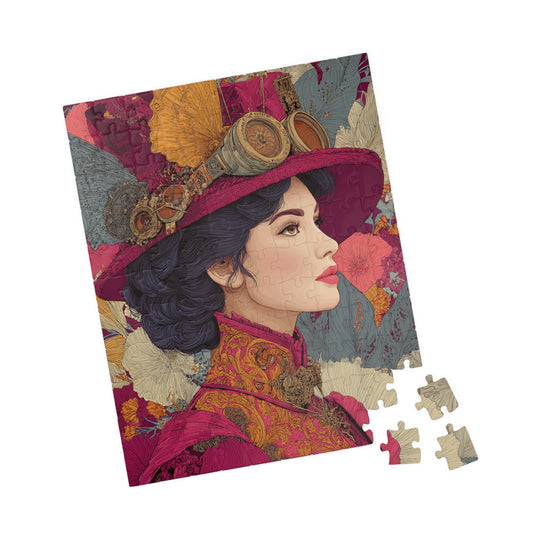 Vibrant Steampunk Lady Jigsaw Puzzle – Artistic Floral Background and Vintage Gear Hat 110 pcs (Vertical) Puzzle The Puzzle Chest