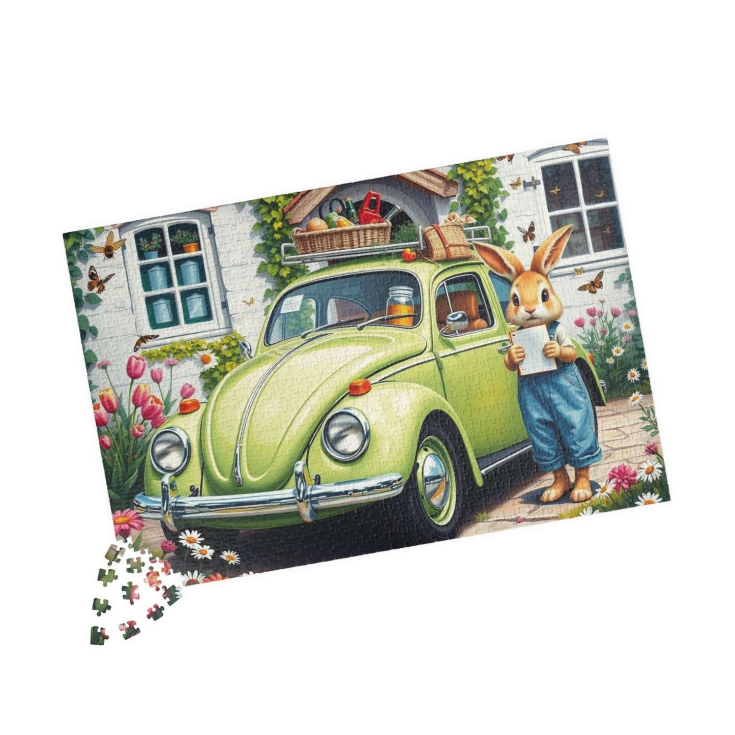 Springtime Garden Delivery Vintage Car Puzzle, Classic Retro Auto Jigsaw Game with Easter Rabbit Puzzle The Puzzle Chest