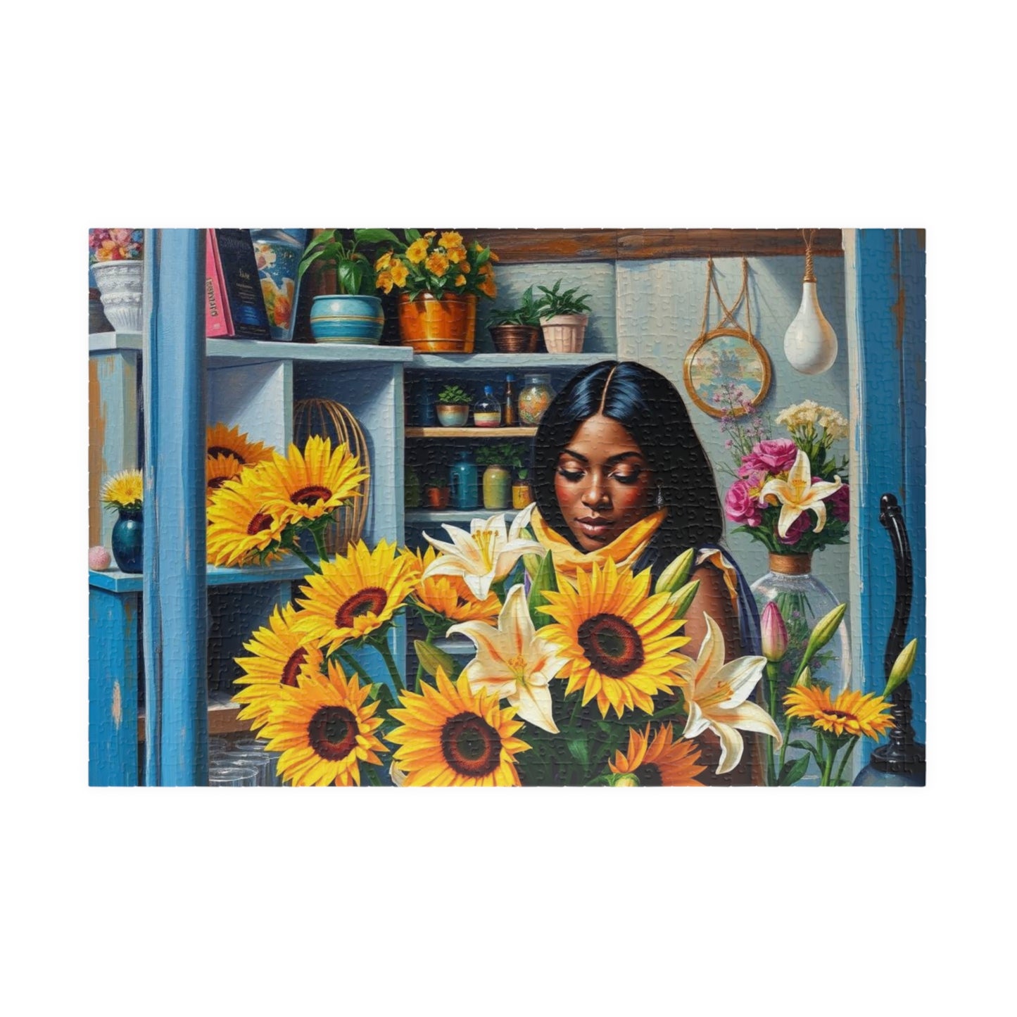 Flower Shop Jigsaw Puzzle - Black Woman Art Beautiful Puzzle for Relaxation Holiday Birthday Gift for Her Home Entertainment Mindful Moments 1014 pcs (Horizontal) Puzzle The Puzzle Chest