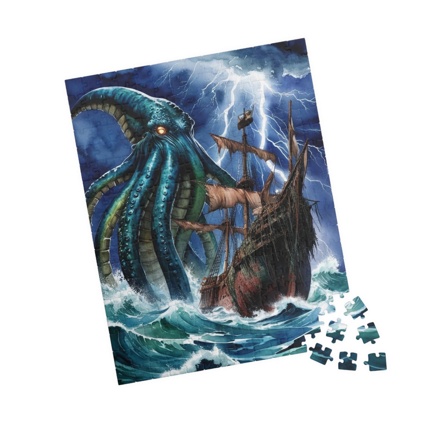 Kraken Puzzle, Mythical Creature Colossal Sea Monster Jigsaw, Pirate Ship Stormy Ocean Theme Tabletop Game for Adult Entertainment, Hobby
