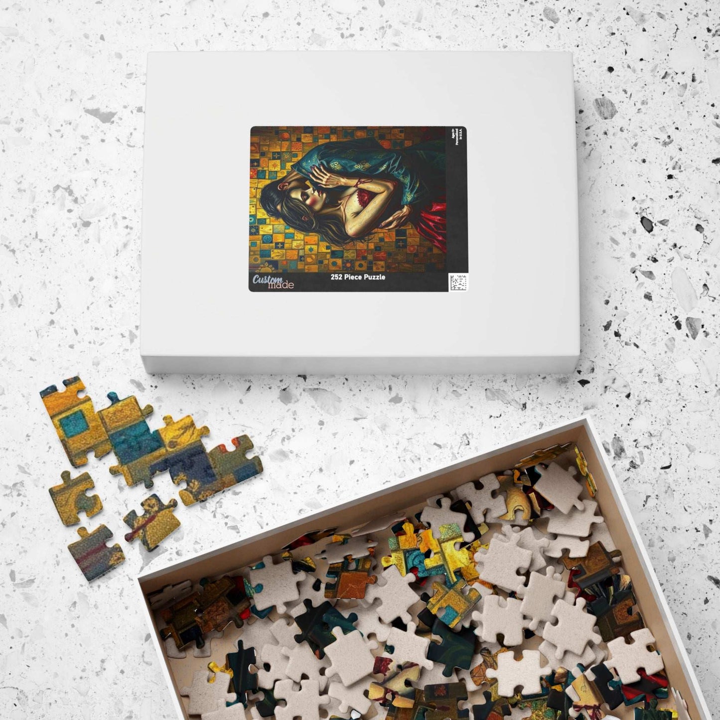 Romantic Embrace Gothic Jigsaw Puzzle, Eerie Couple Hugging Golden Jewel-Toned Patterns, Stress Relief, Unique Dark Art Puzzle Lover Gift Puzzle The Puzzle Chest