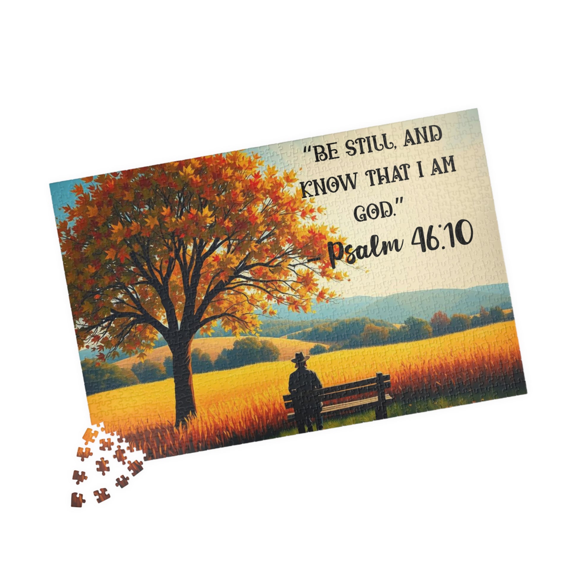 Faith and Stillness Jigsaw Puzzle – Serene Fall Landscape with Wheat Field and Bench, Bible Verse Psalm 46:10, Inspirational Gift for Friends 1014 pcs (Horizontal) Puzzle The Puzzle Chest