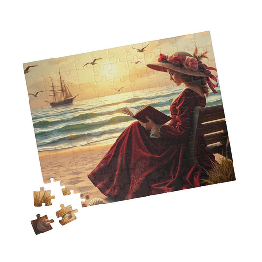 Victorian Seaside Reverie Jigsaw Puzzle - Elegant Woman Reading on the Shoreline, Romantic Vintage Puzzle Art Game 110 pcs (Horizontal) Puzzle The Puzzle Chest