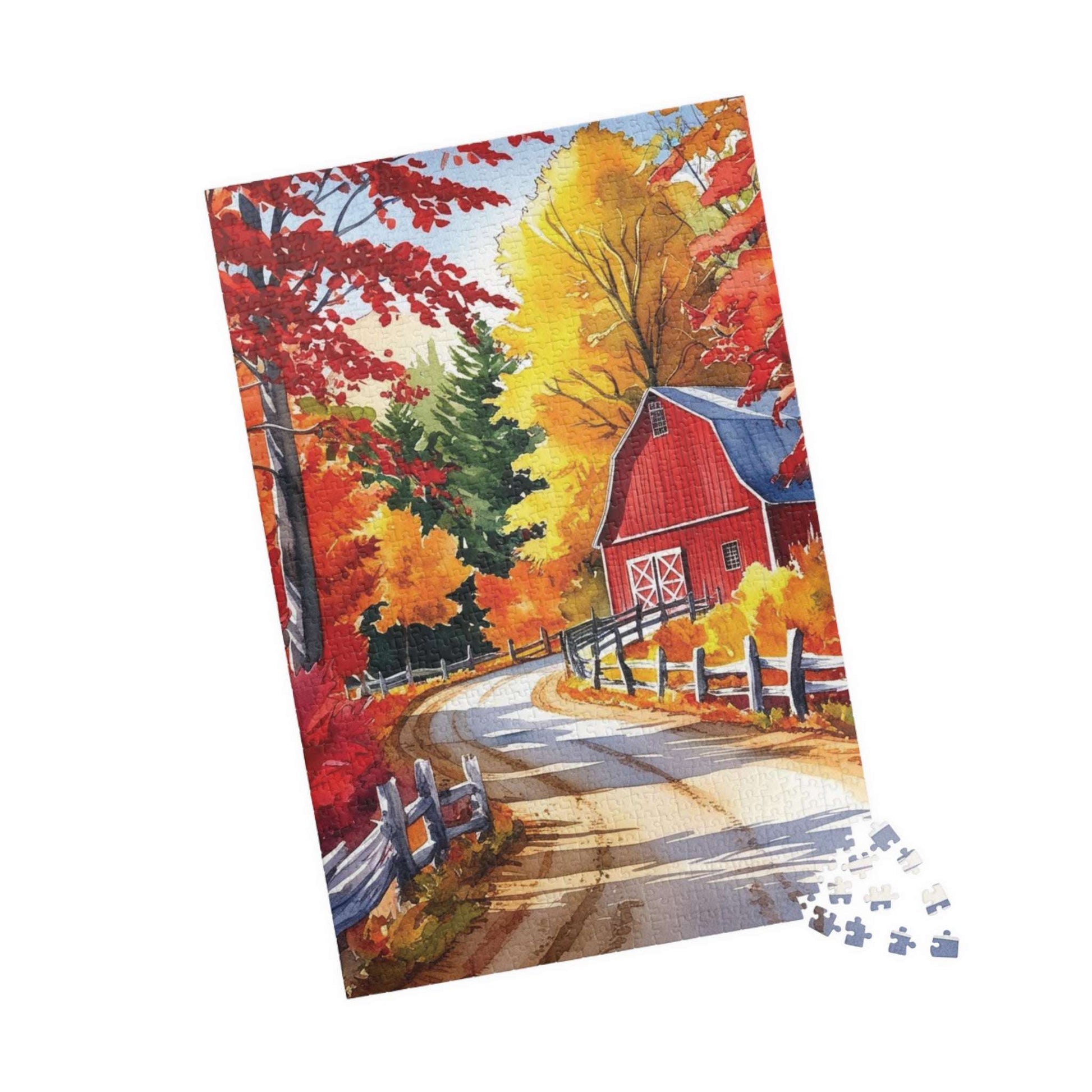 Classic New England Fall Landscape Puzzle, Scenic Winding Road and Barn, Vibrant Foliage and Wooden Fence, Ideal Gift for Nature Art Lover Puzzle The Puzzle Chest