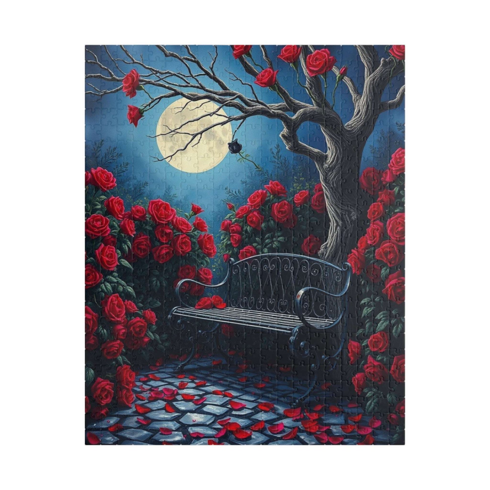 Moonlit Gothic Garden Puzzle, Dark Romantic Fantasy Jigsaw Game, Cobblestone Path Iron Bench and Roses, Relaxing Challenge for Puzzle Lover 520 pcs (Vertical) Puzzle The Puzzle Chest