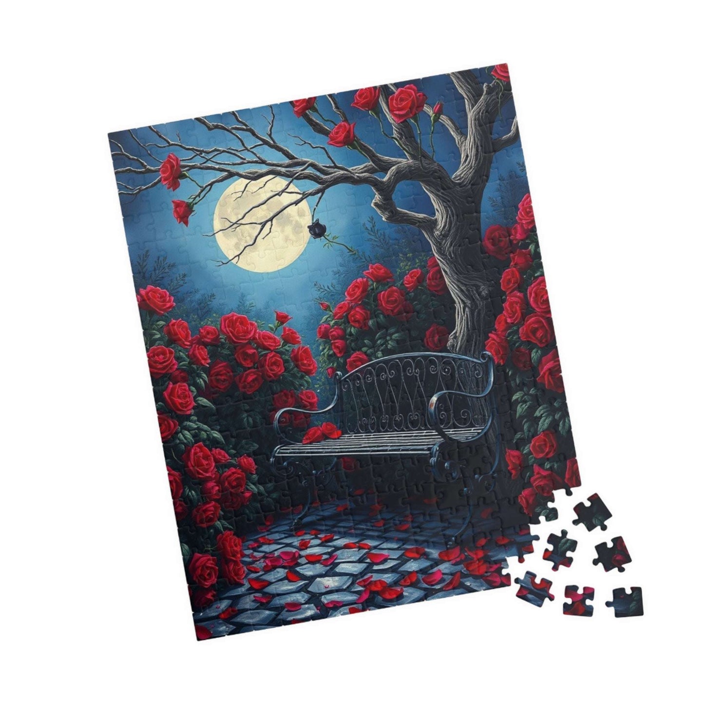 Moonlit Gothic Garden Puzzle, Dark Romantic Fantasy Jigsaw Game, Cobblestone Path Iron Bench and Roses, Relaxing Challenge for Puzzle Lover Puzzle The Puzzle Chest